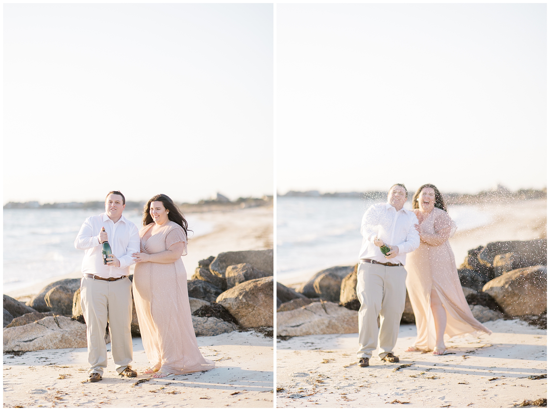couple on beach in Cape Cod opening a bottle of champagne for engagement pictures
