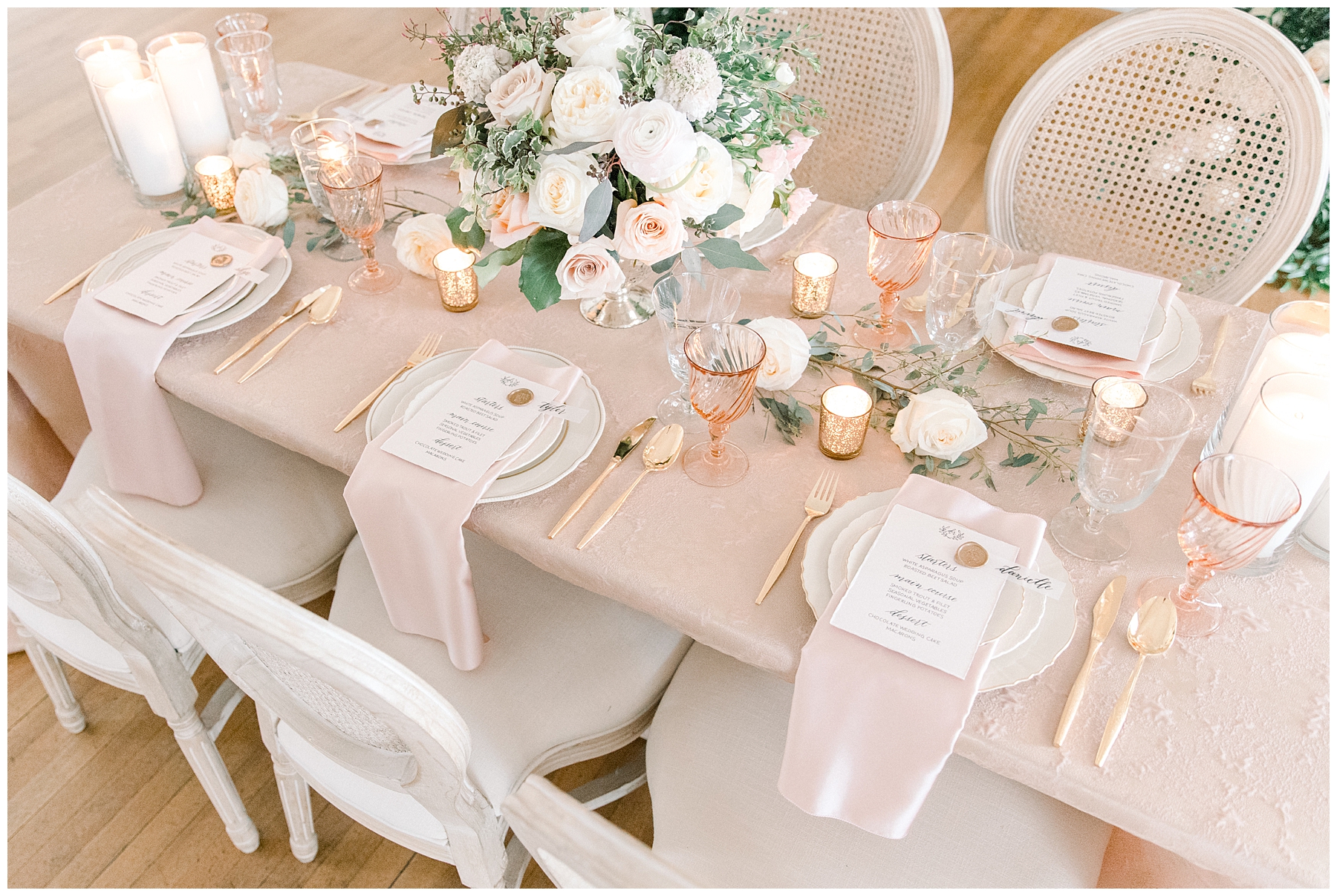 blush pink and classic white table setting 