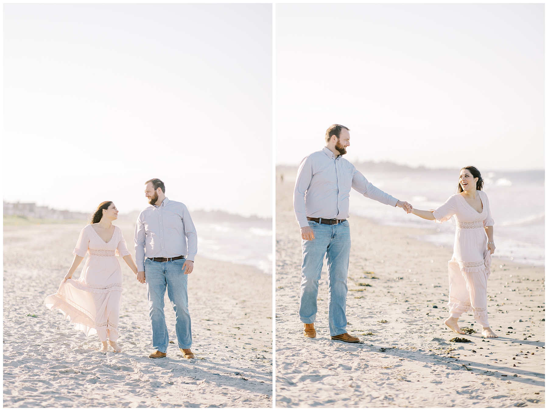 newly engaged couple hold hands during Nantasket Beach Engagement Session 