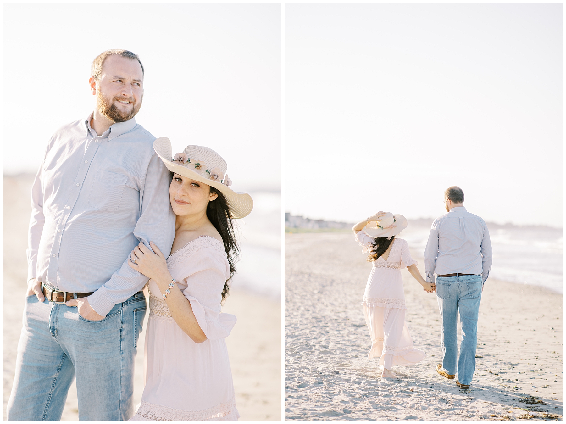 couple holding hands during engagement session at Nantasket Beach