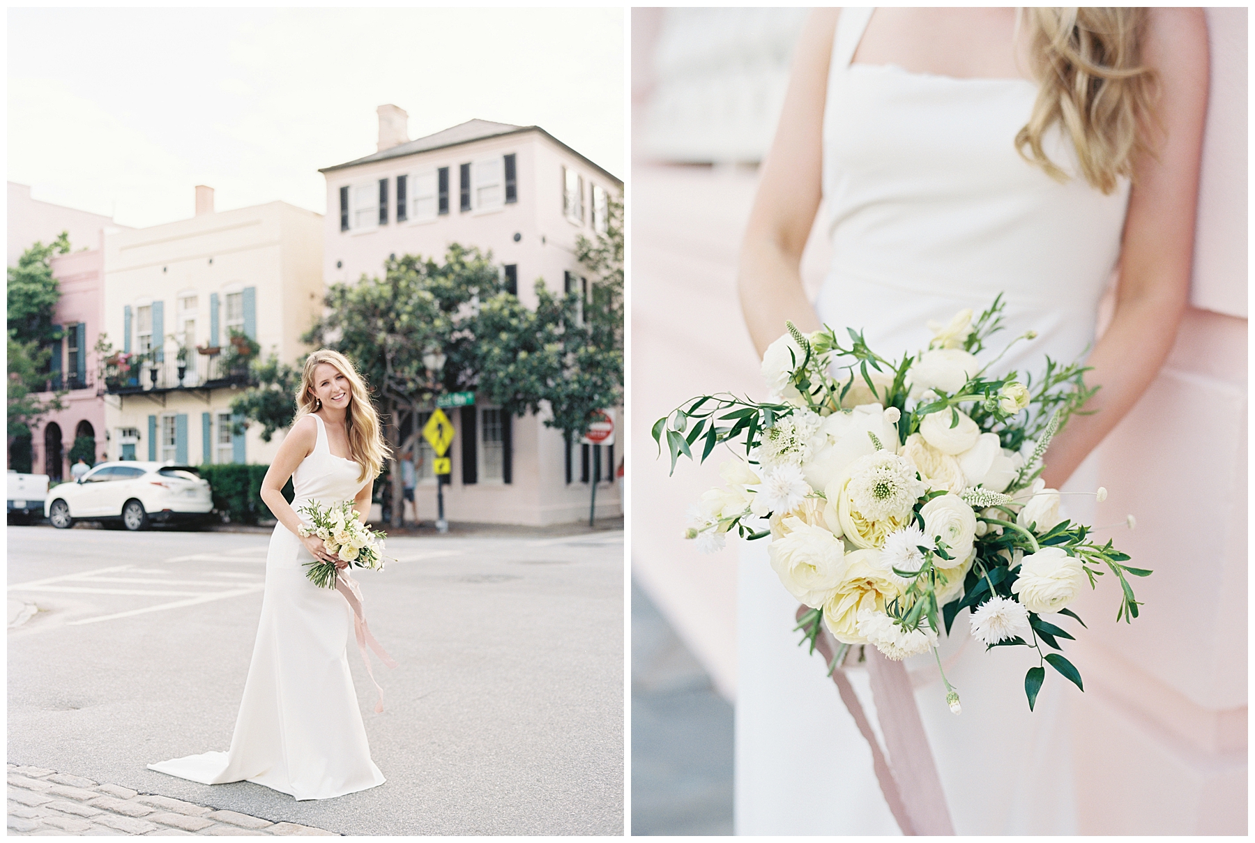 Bride in wedding dress with classic white bouquet