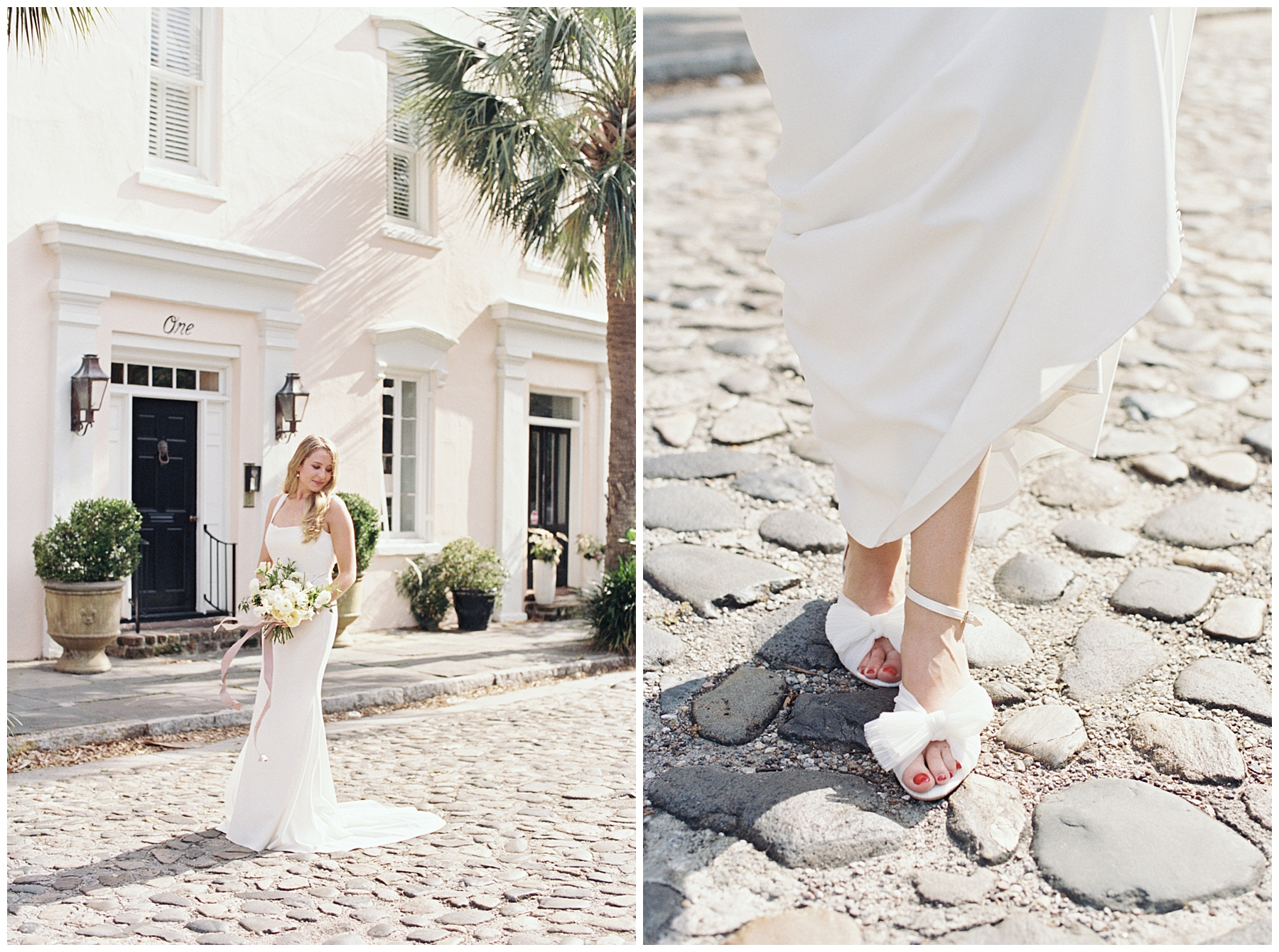 bride in wedding gown walks down cobblestone street in historic Charleston 