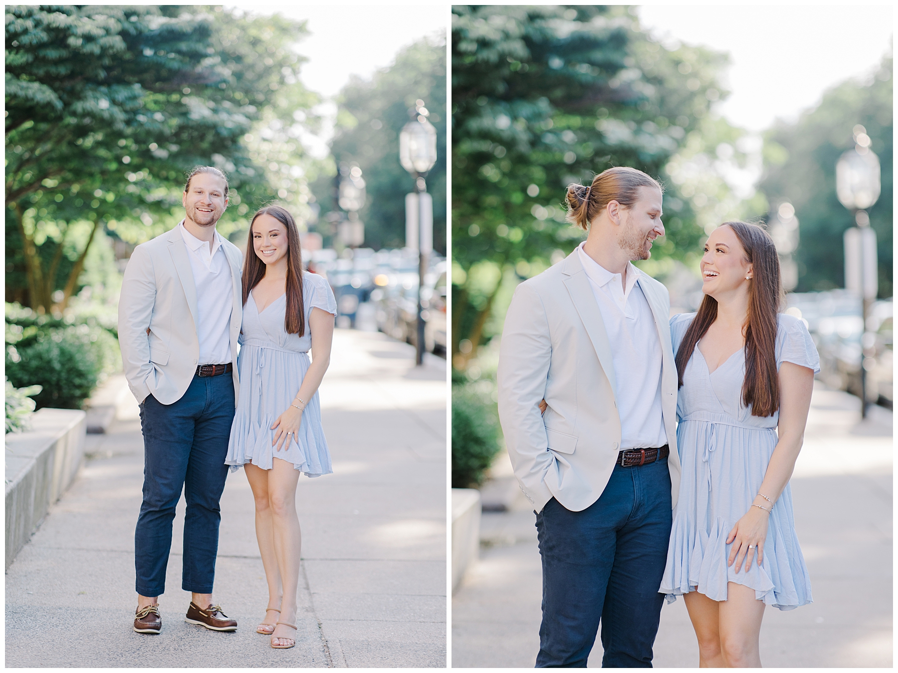 couple laugh together during engagement session