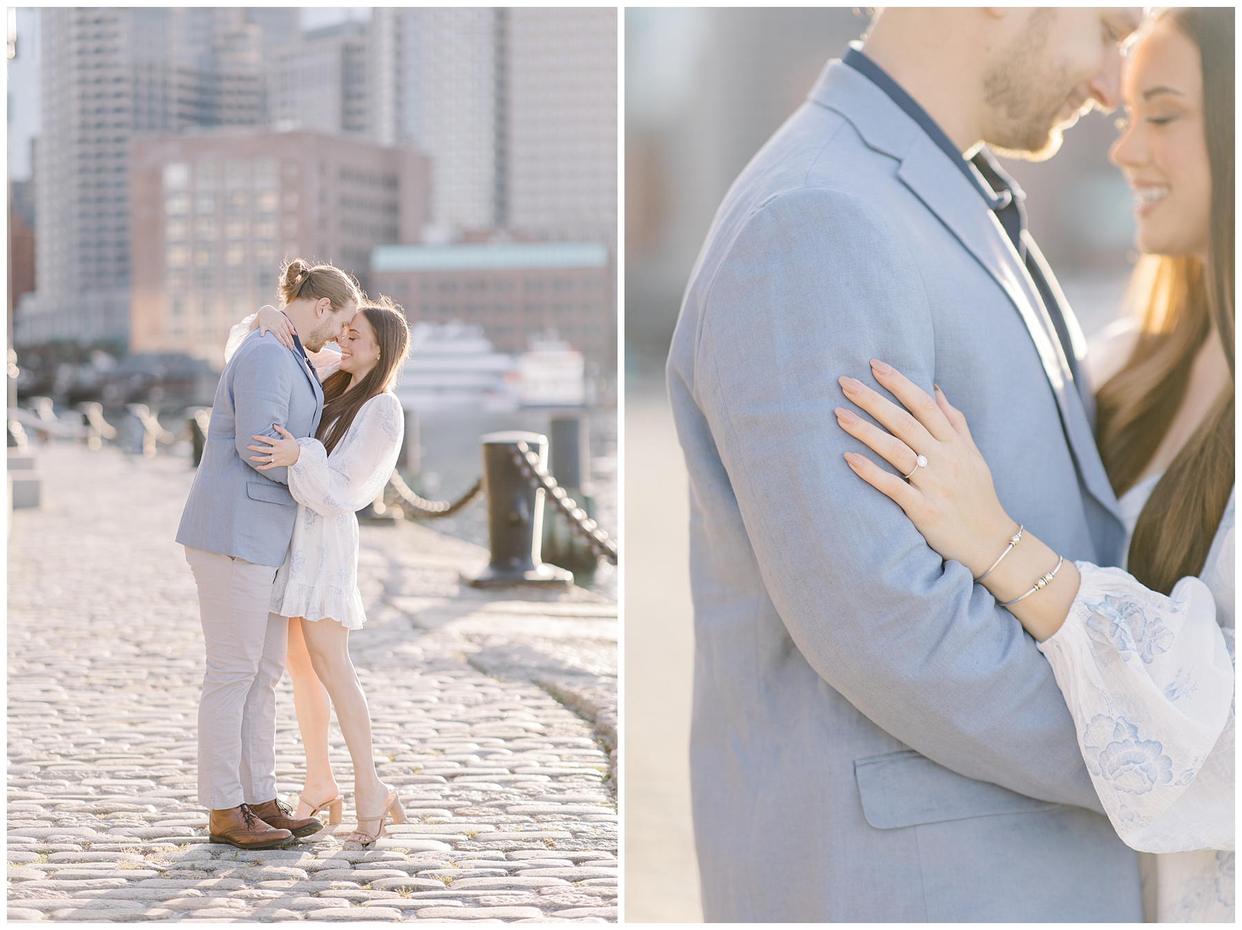 couple embrace with the Boston skyline in the background
