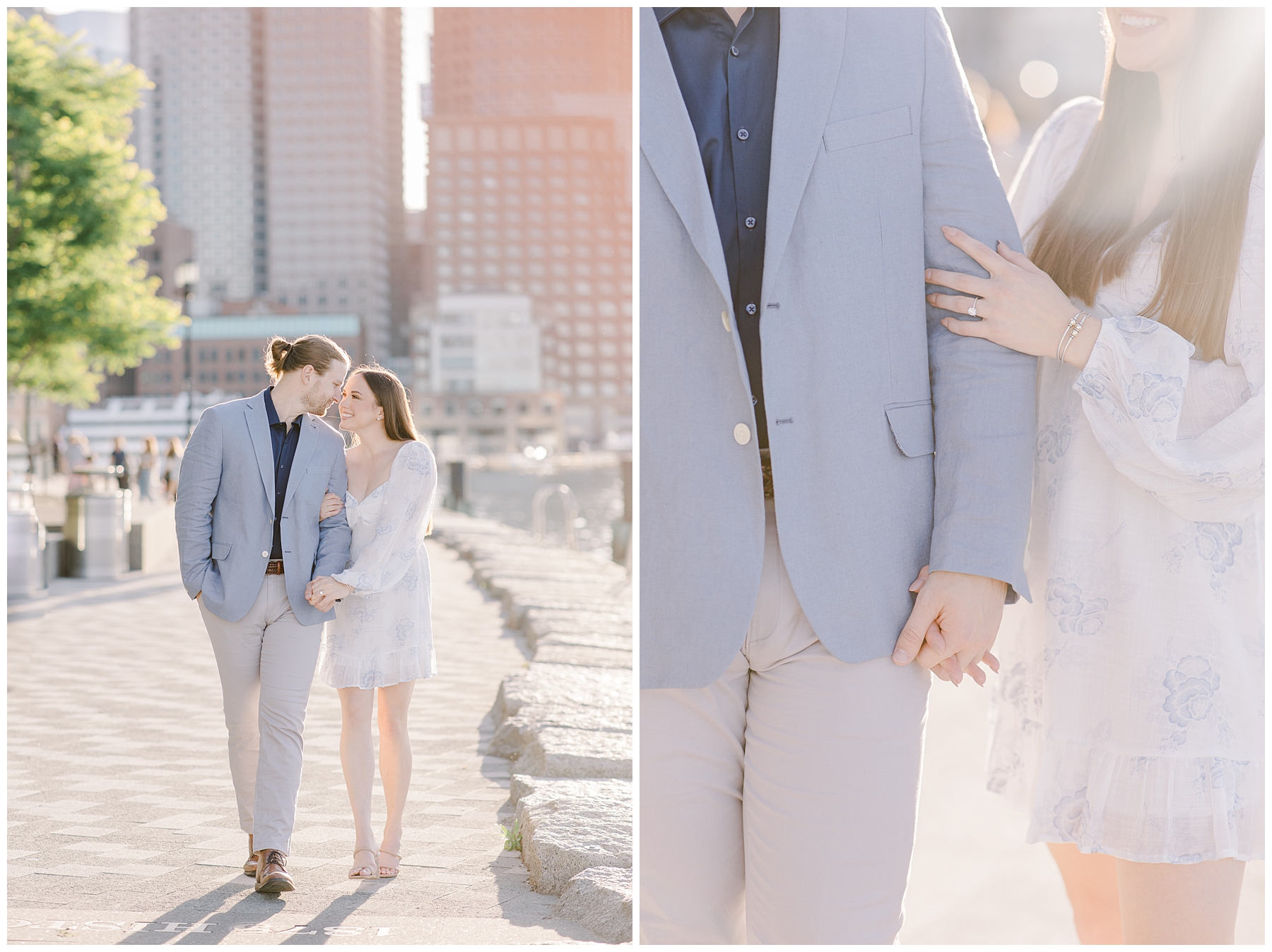 couple walk together holding hands during Downtown Boston Engagement Session