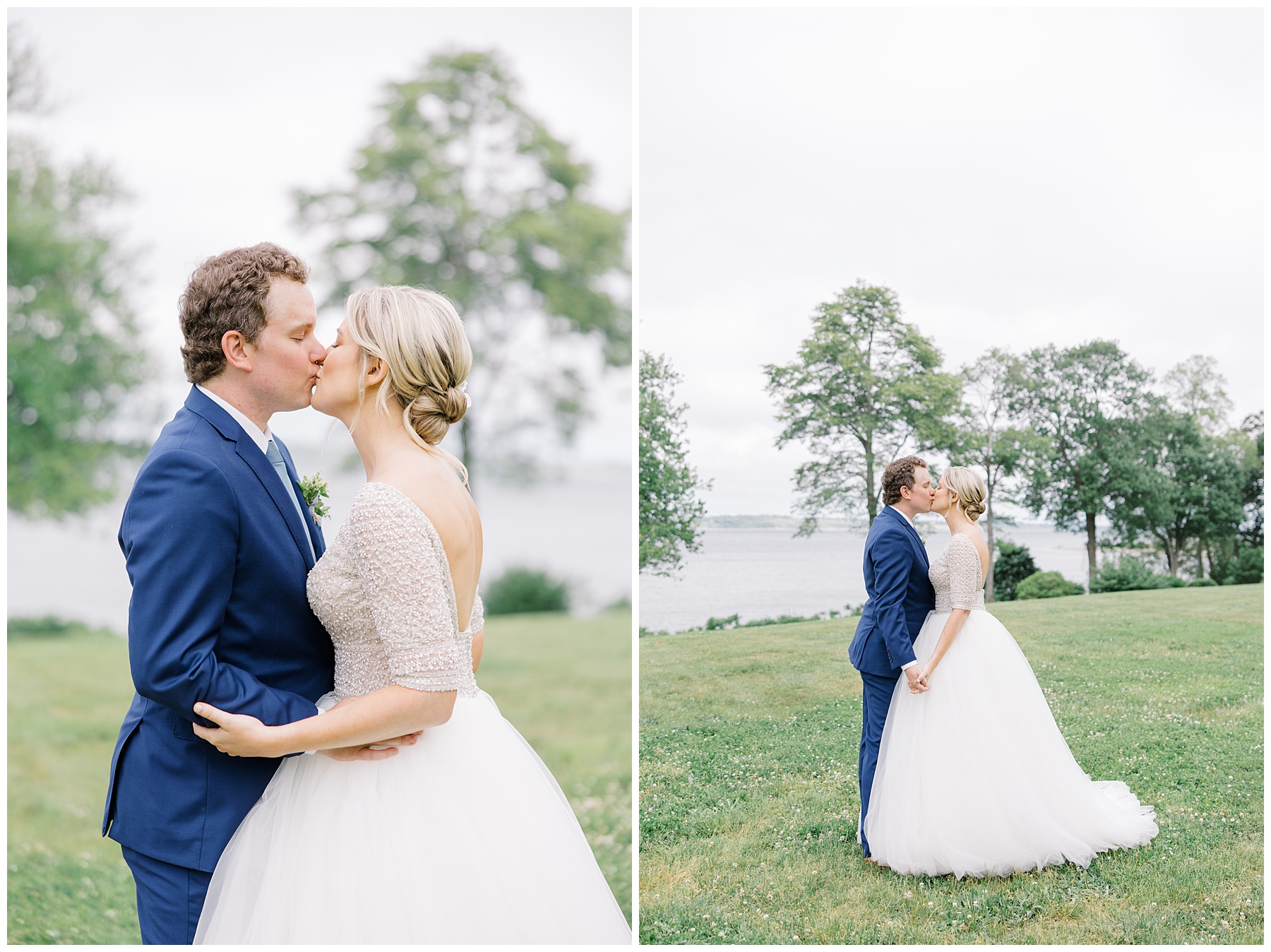 couple kiss on the waterfront lawn of Glen Manor House