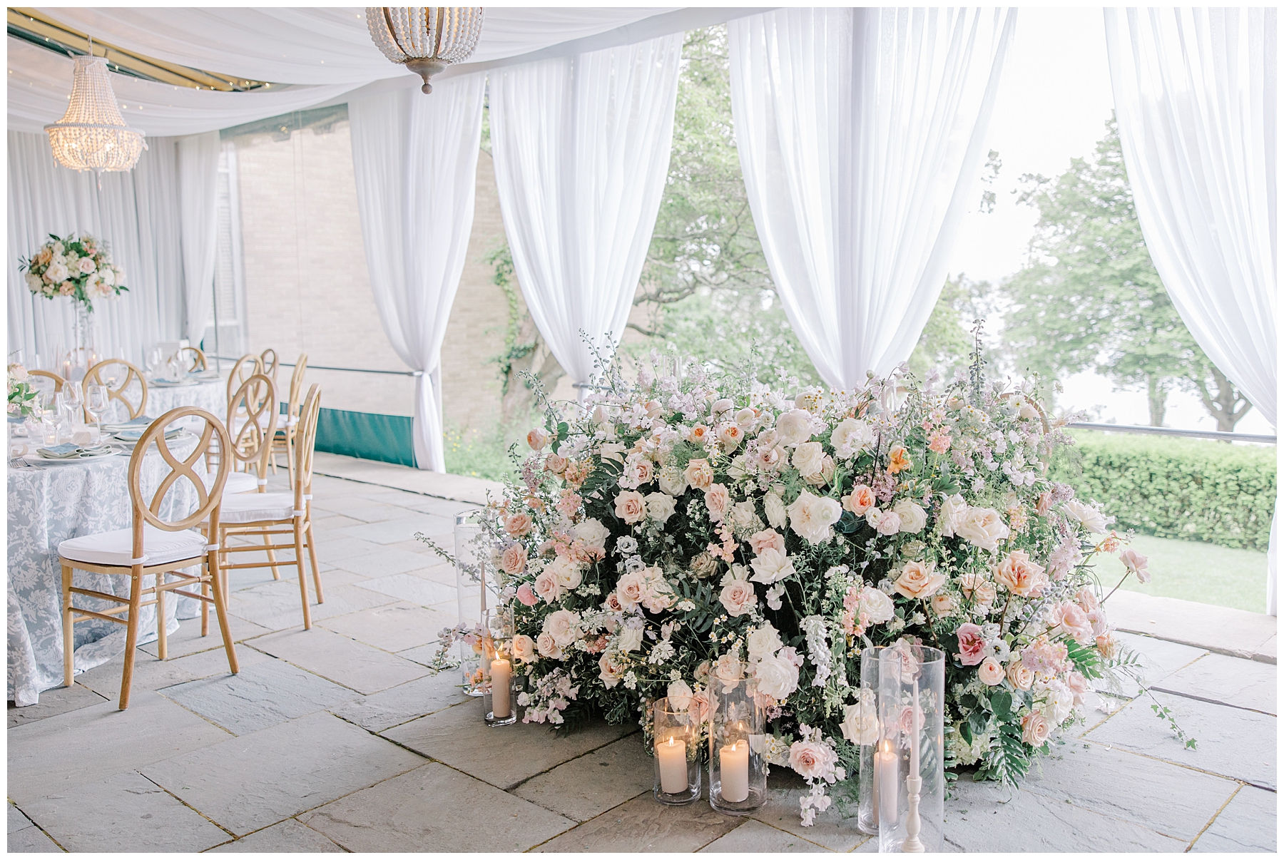 sweetheart table covered in classic florals 