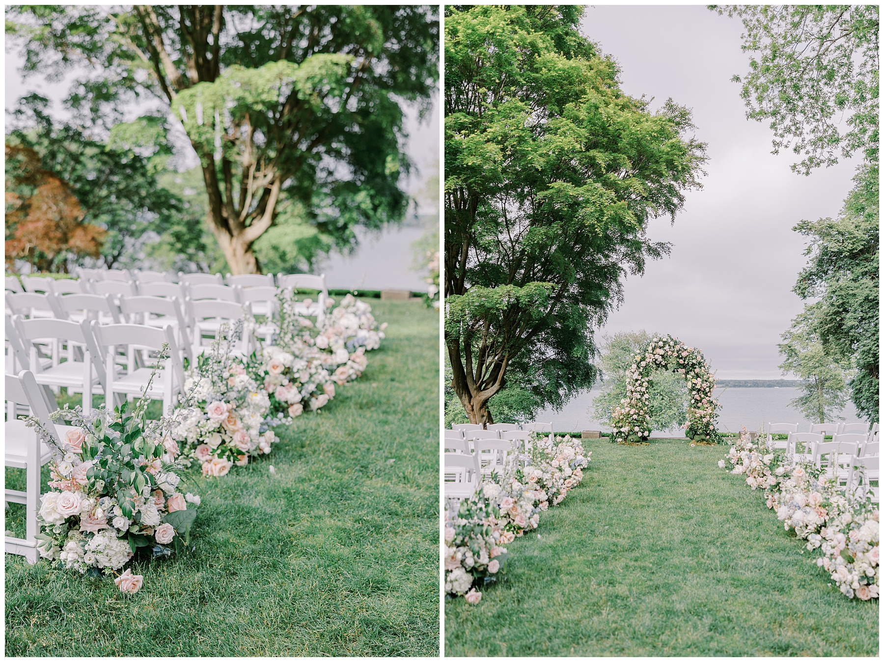 flower lined wedding aisle at outdoor Dreamy Glen Manor Wedding