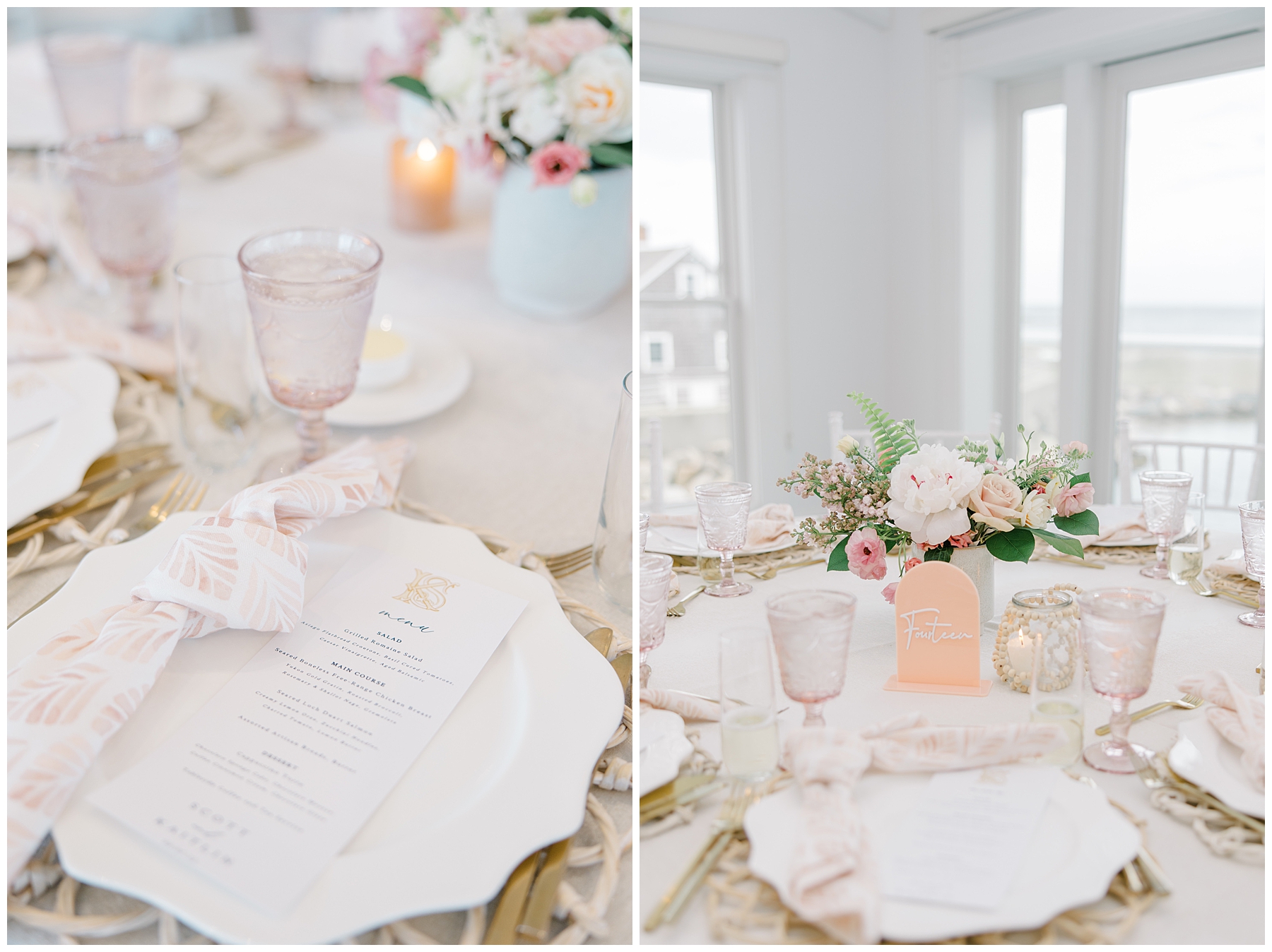 table settings at elegant reception in Cape Cod