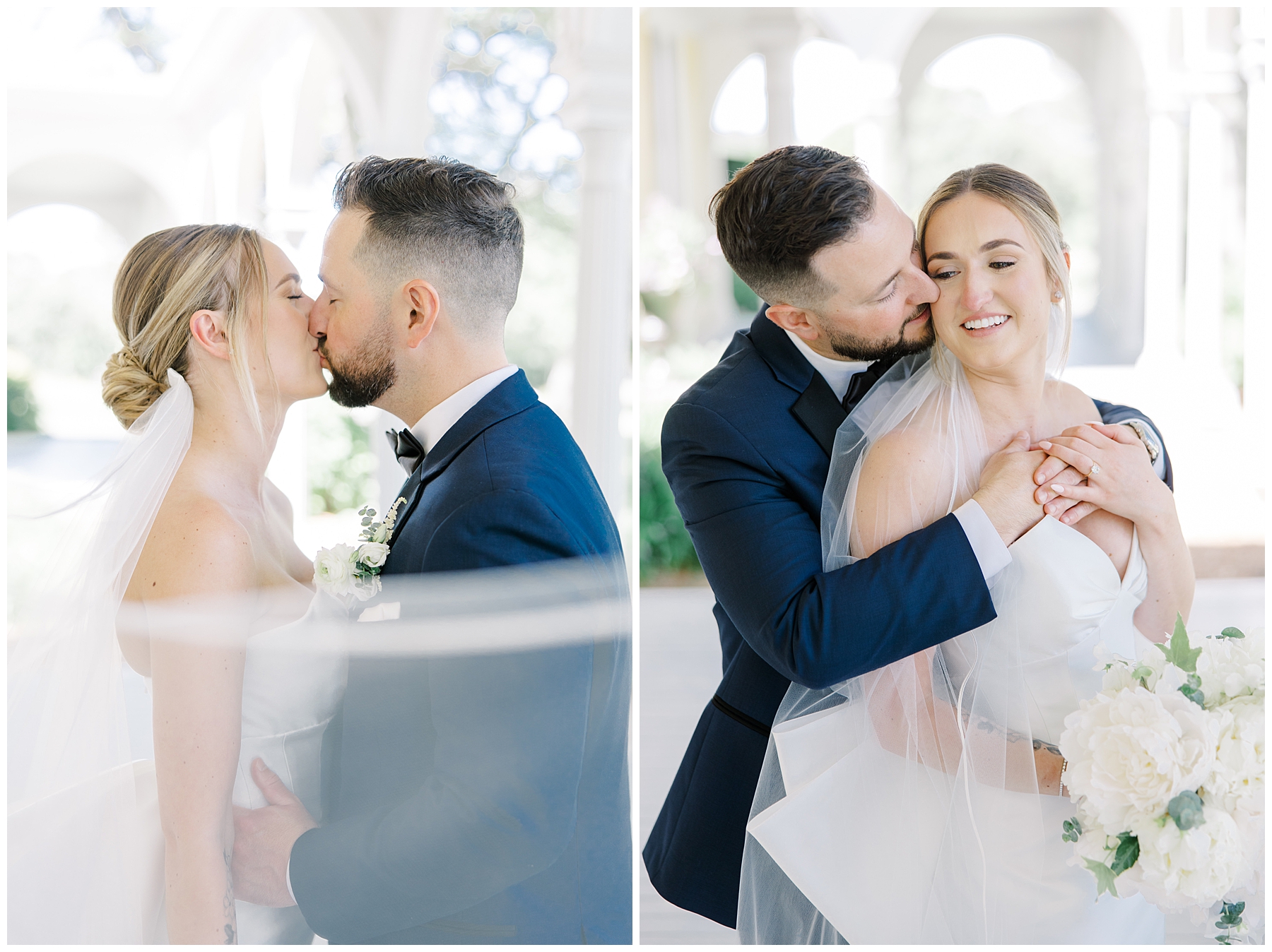 couple kiss with veil surrounding them 
