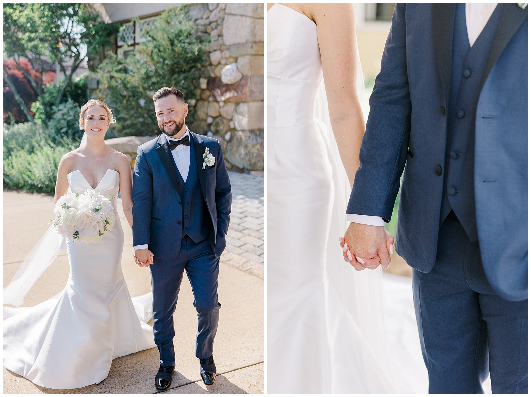bride and groom hold hands as they walk