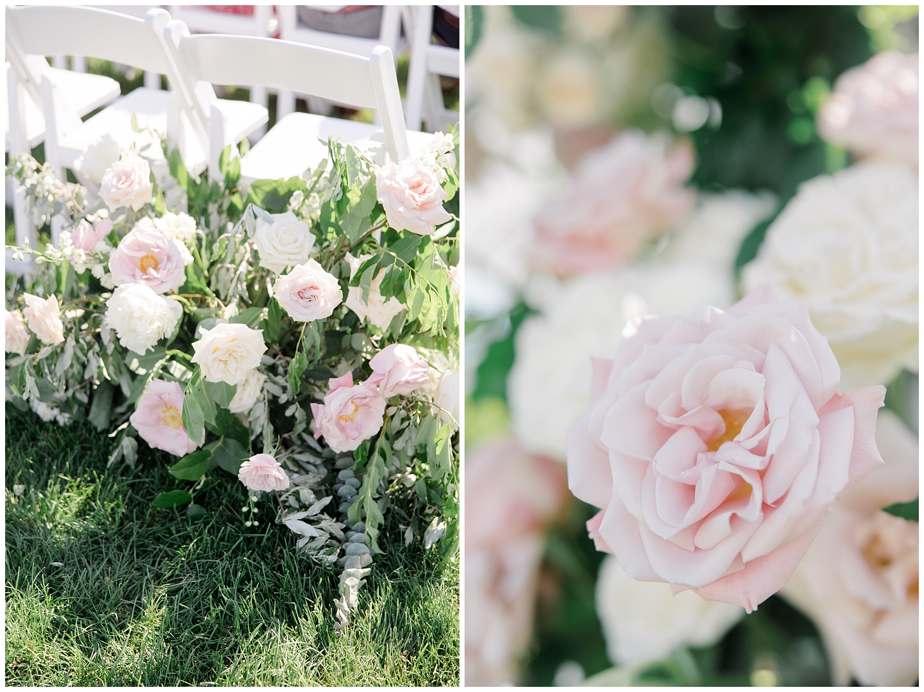 dusty pink and white roses decorating wedding ceremony 