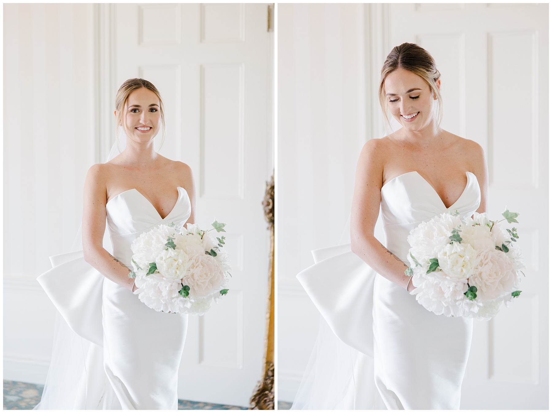 bride in classic straight wedding gown and white flower bouquet 