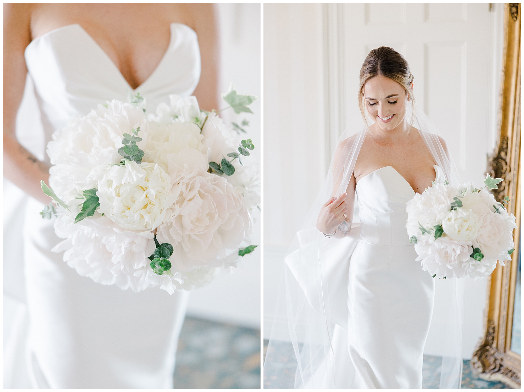 Bride holding her classic, beautiful wedding bouquet 