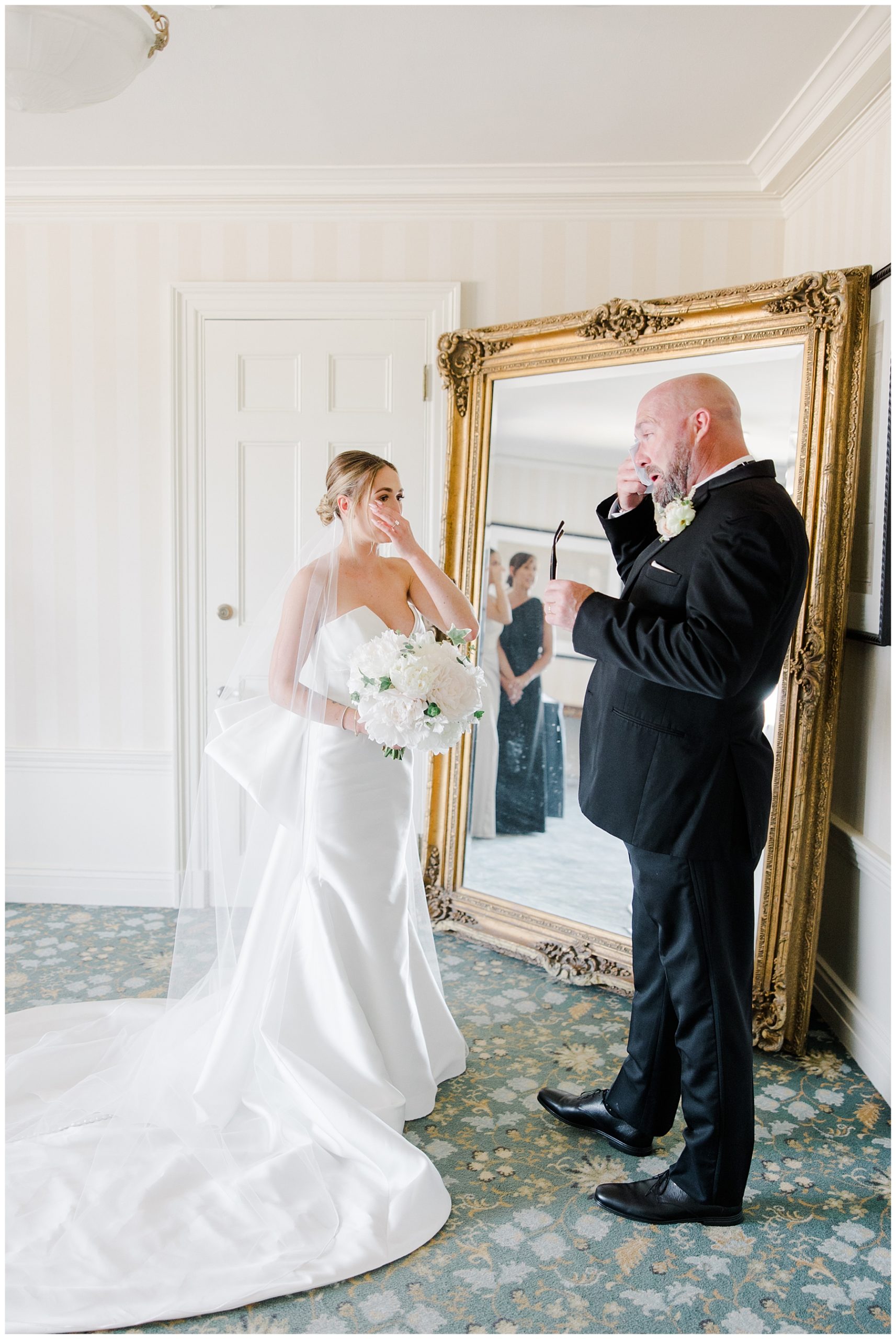 emotional first look between bride and father at Ocean Edge Resort Wedding in Cape Cod