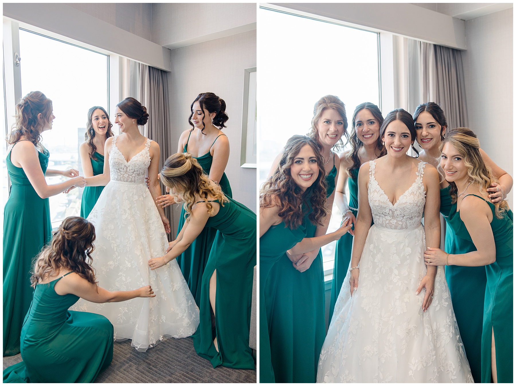 bridesmaids gather around bride helping with her dress