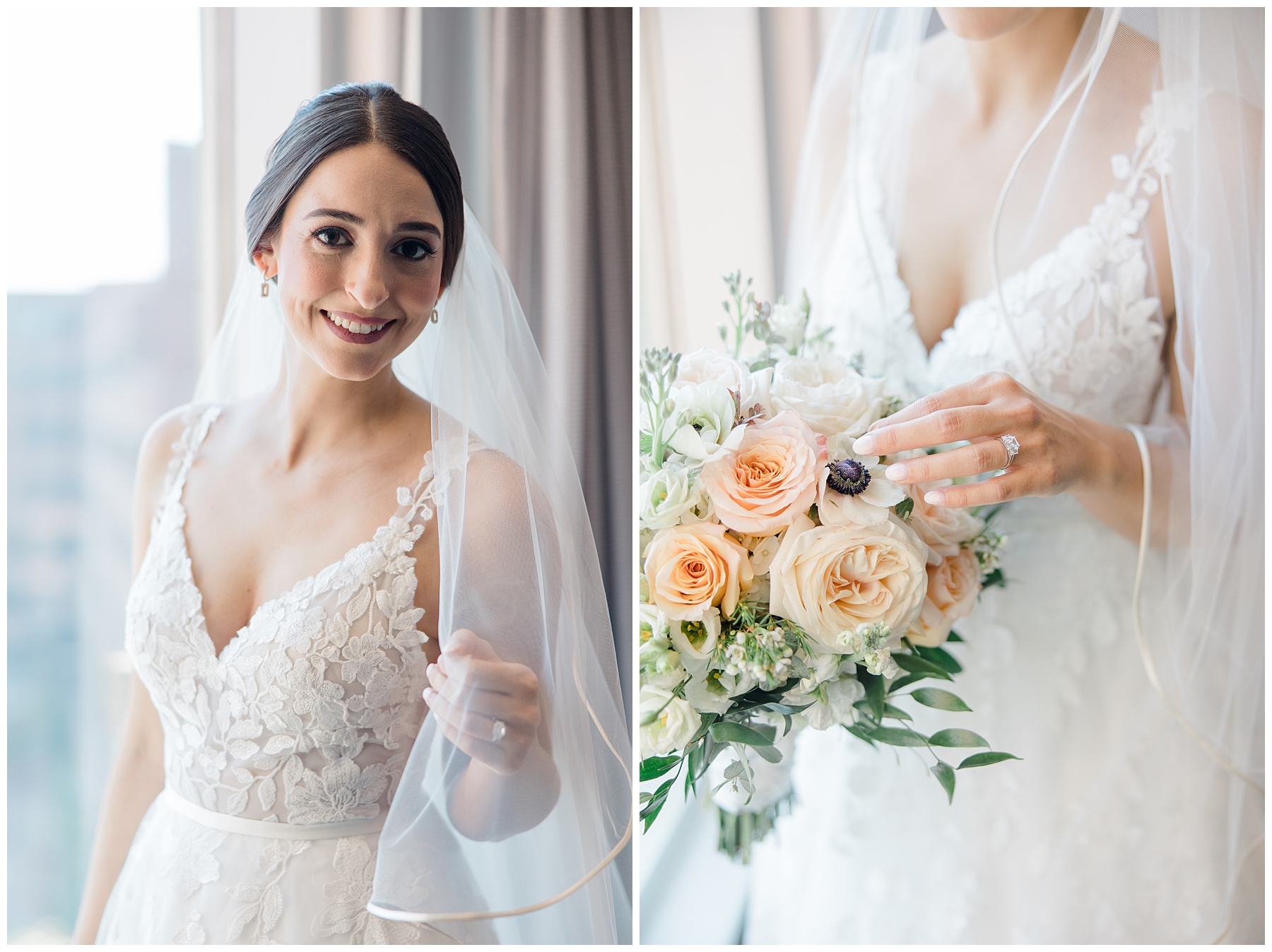 bride in wedding gown holding coral and white wedding flower bouquet 