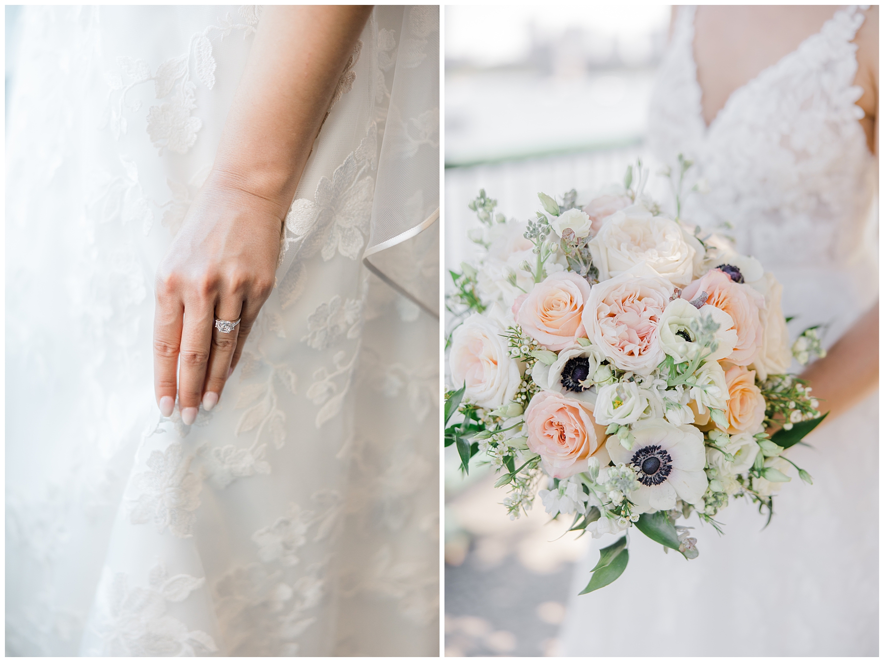 bride wedding ring and flower bouquet