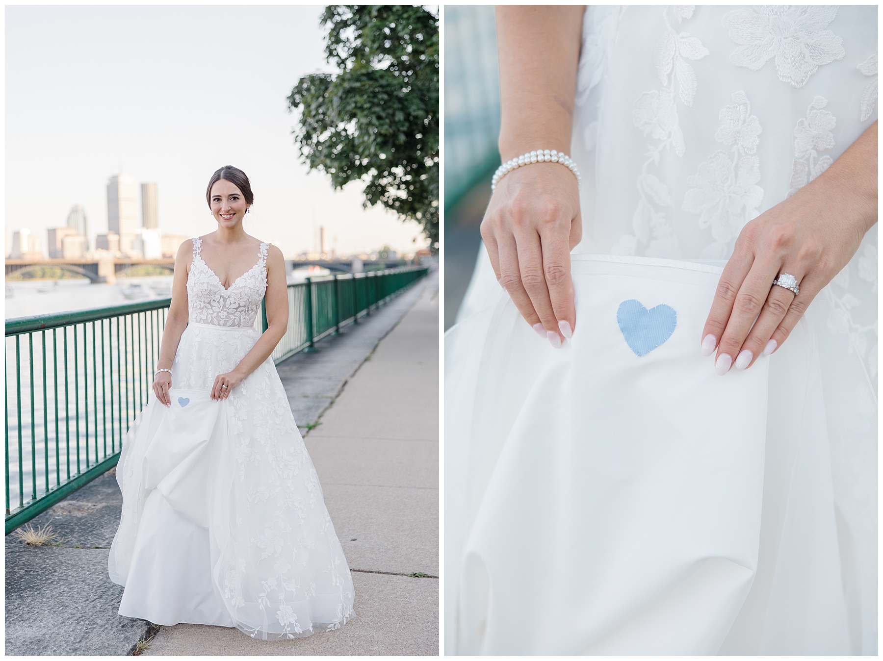 Bride showing off her "something blue" heart stitched in her wedding dress