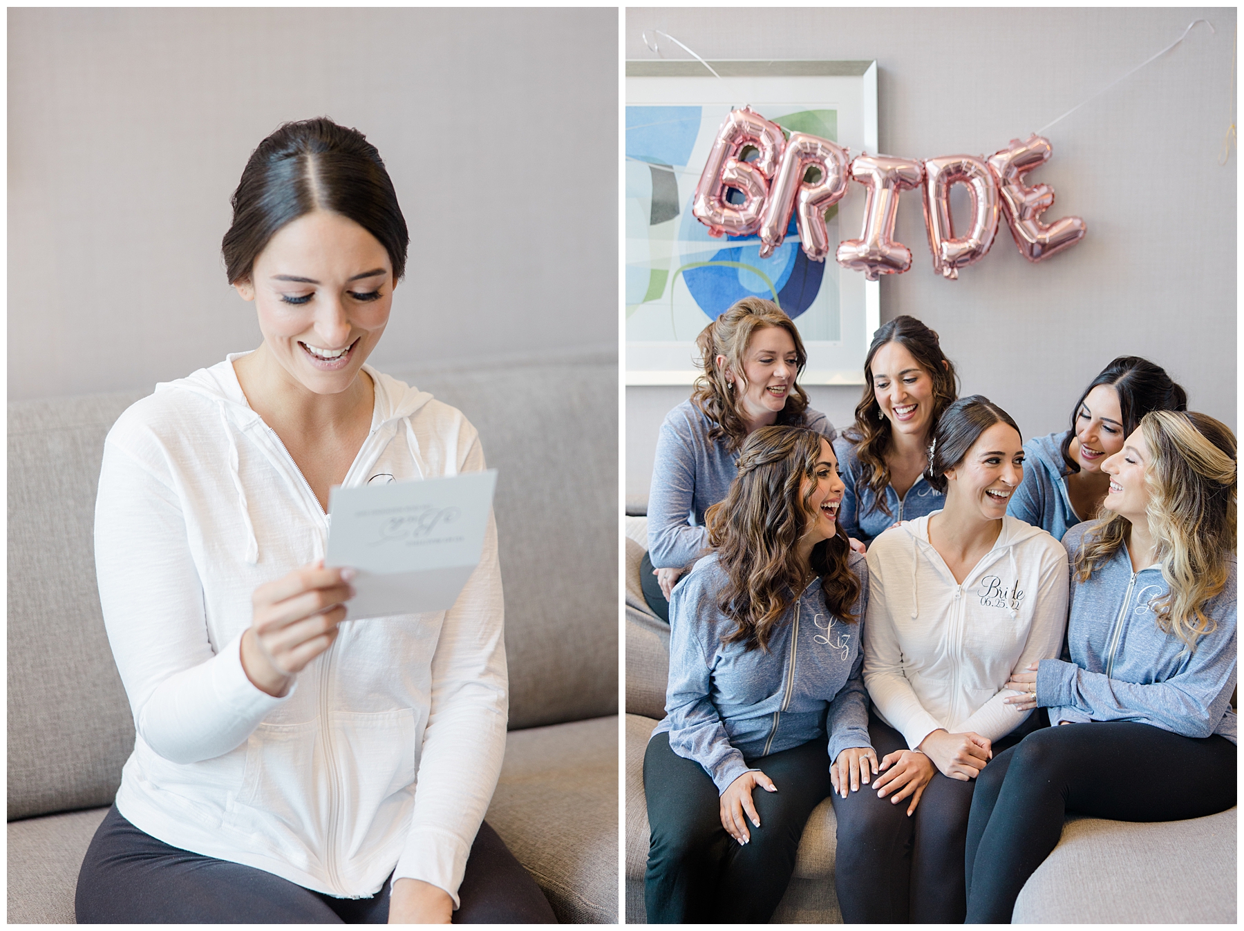 bride with bridesmaids before getting ready 