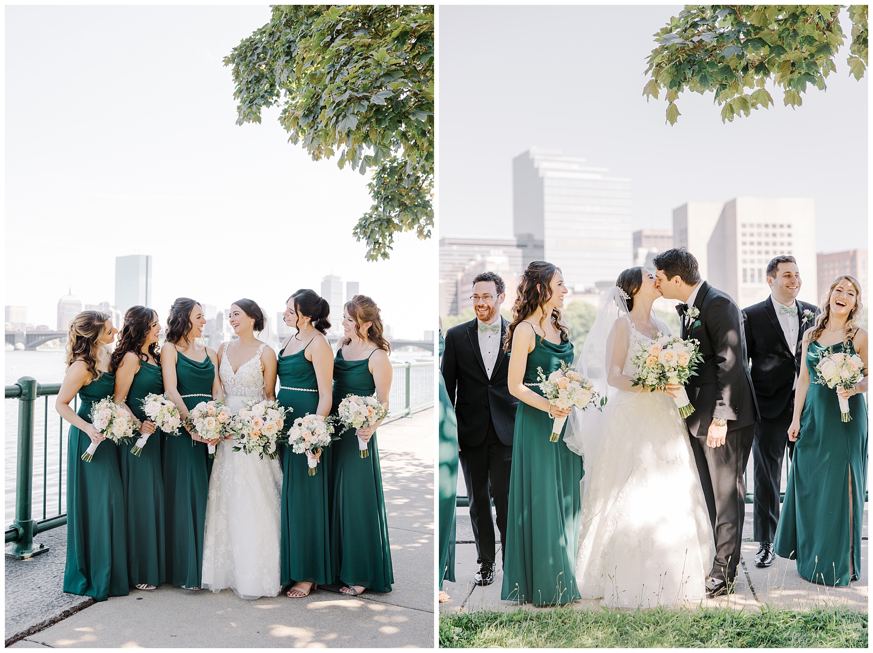 bride and groom kiss with bridal party surrounding 