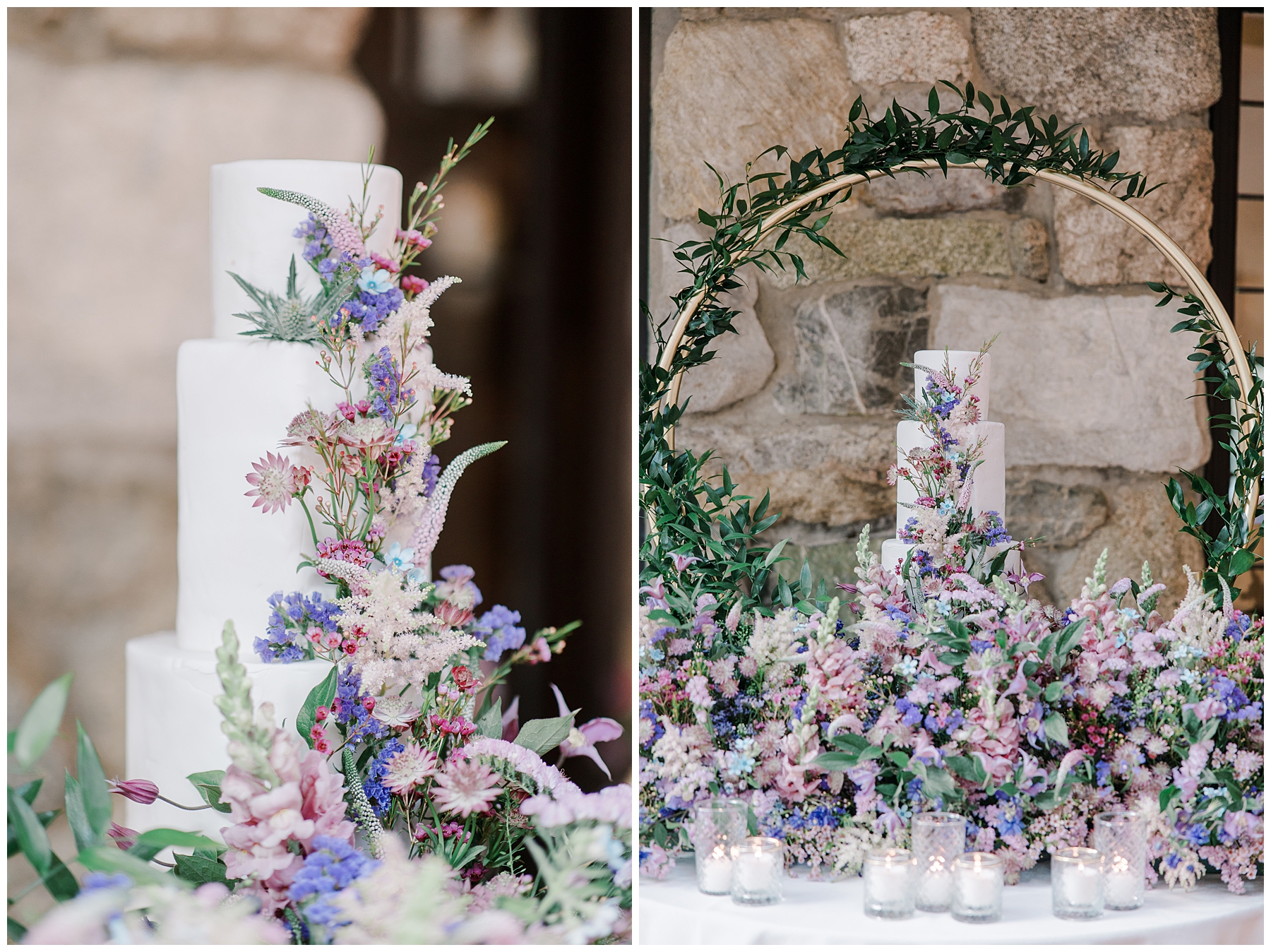 dreamy cake and flower display at Scotland in the Spring inspired Willowdale Estate Wedding