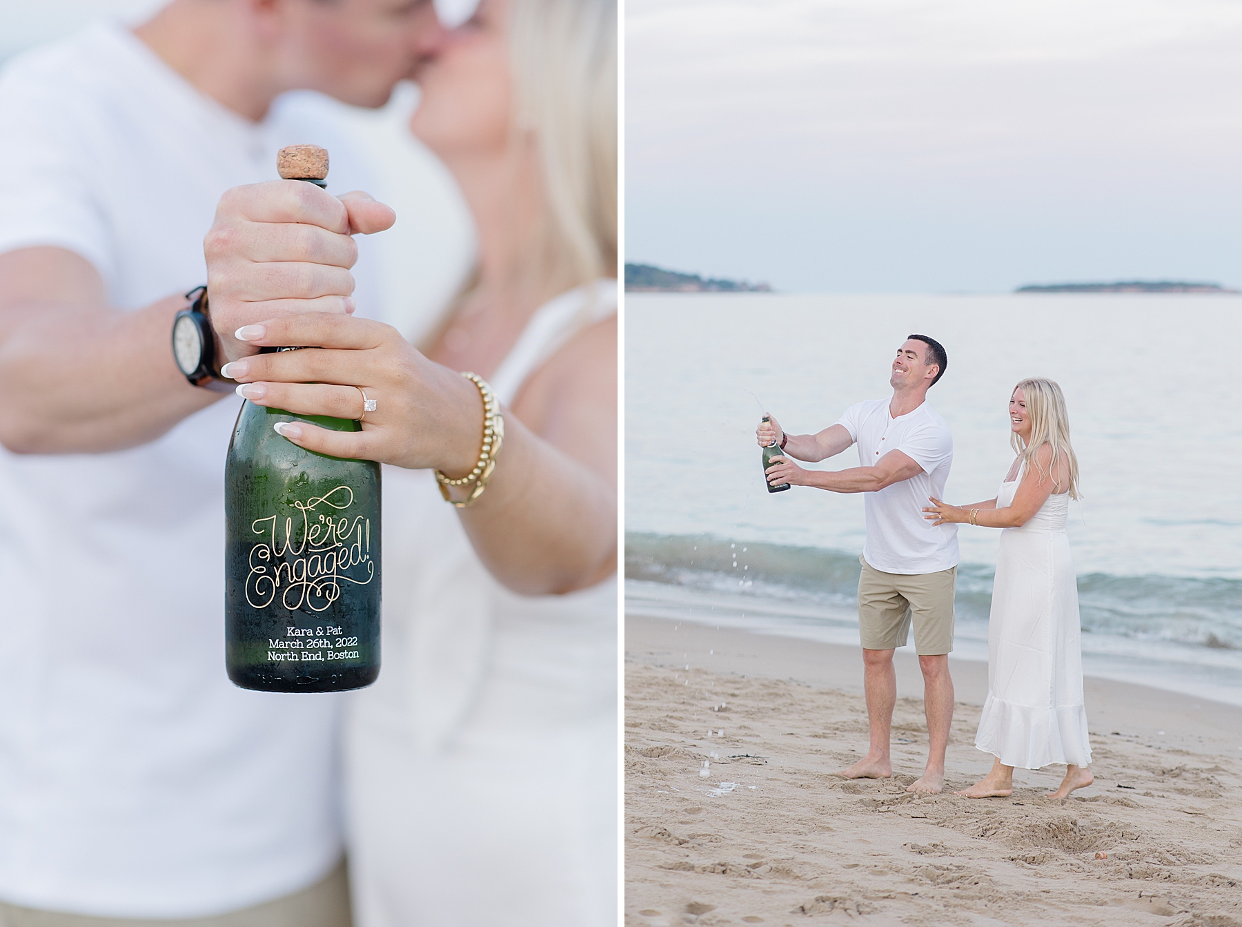 engaged couple pop champagne on the beach