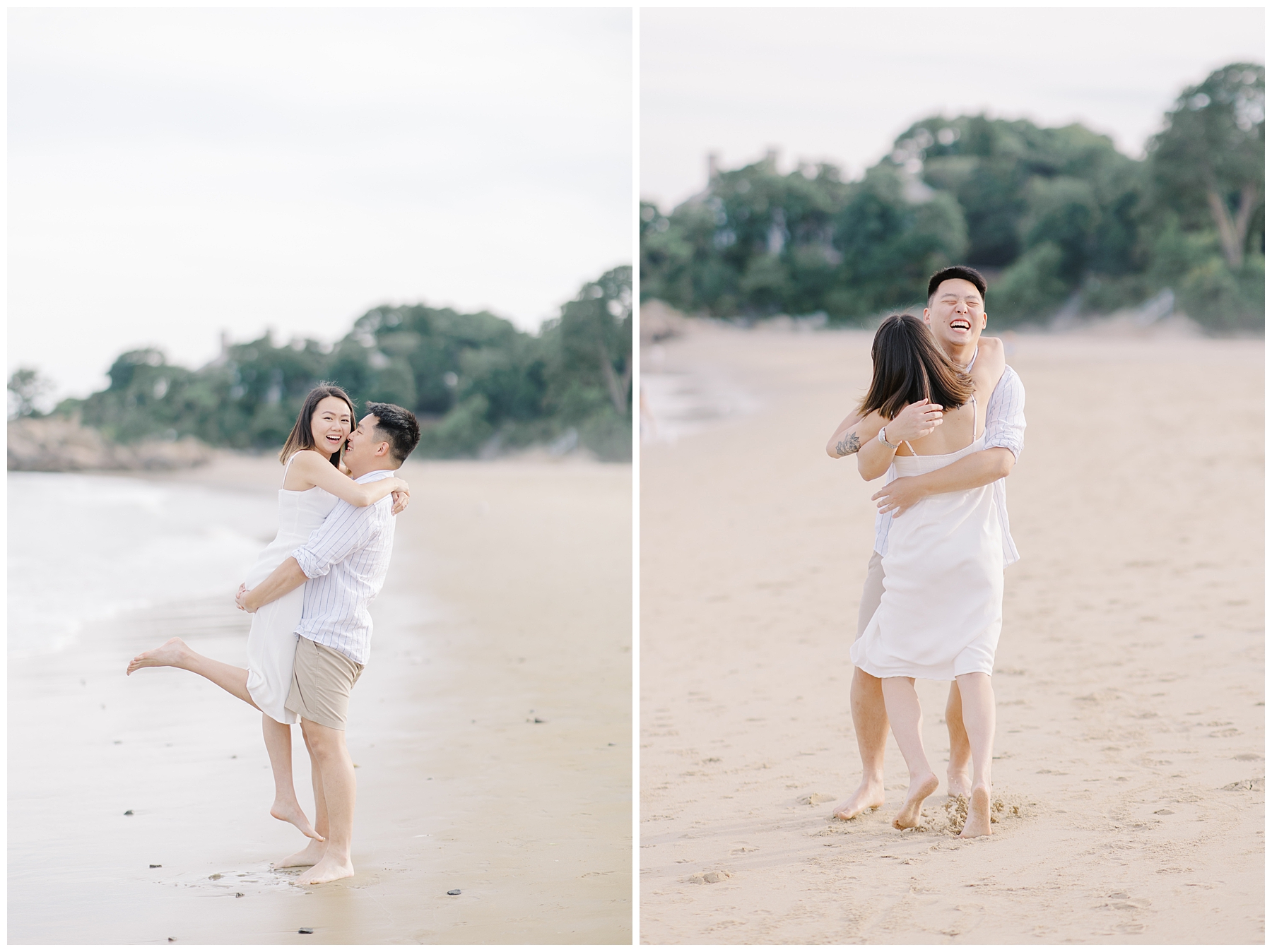 couple has fun laughing and dancing during engagement session