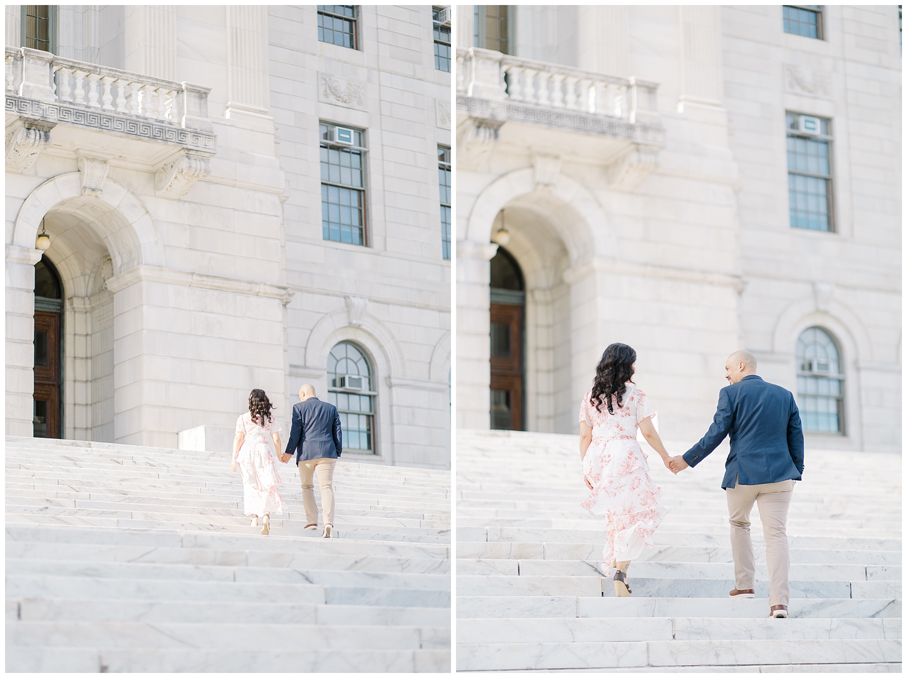 couple walk up the steps of historic Rhode Island building