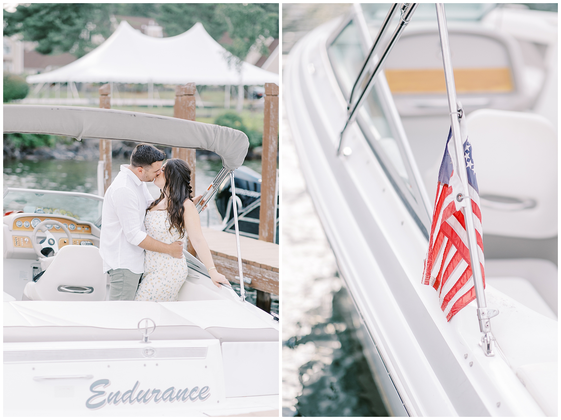engaged couple kiss as they sit on their boat at Lake Winnipesaukee