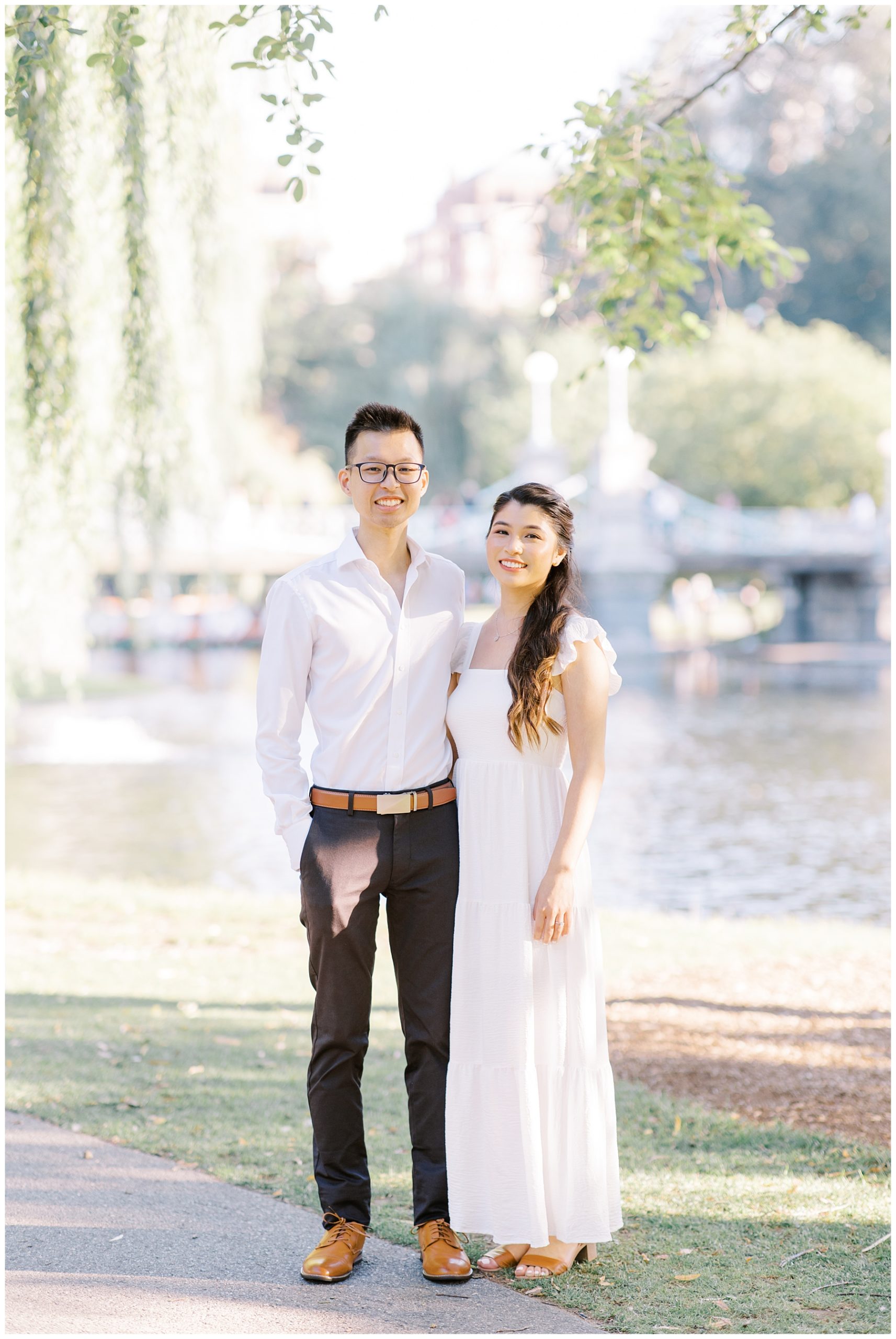 engagement portraits by pond 