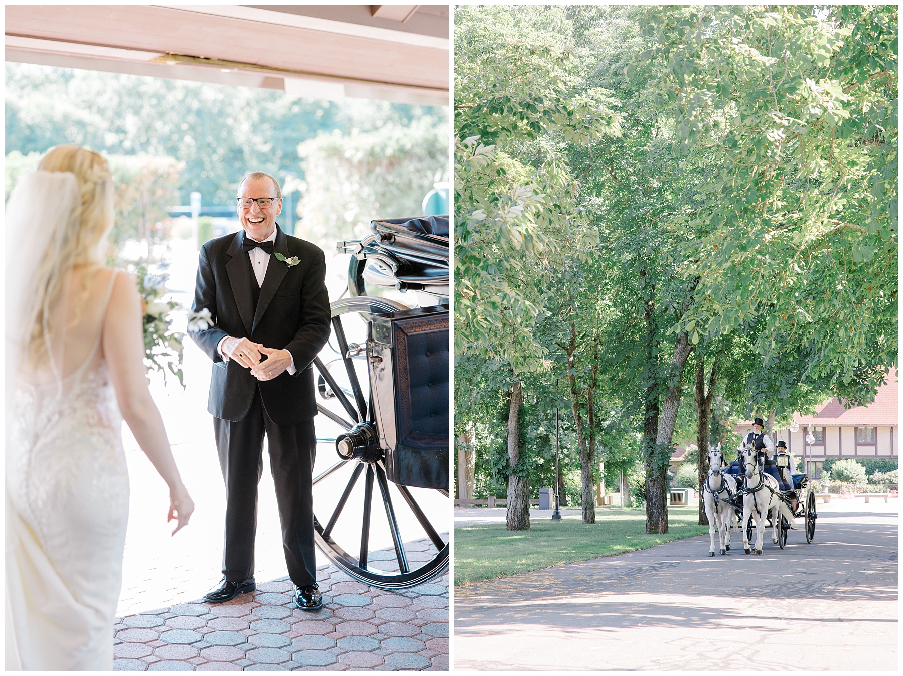 bride and dad ride in stage coach to wedding ceremony