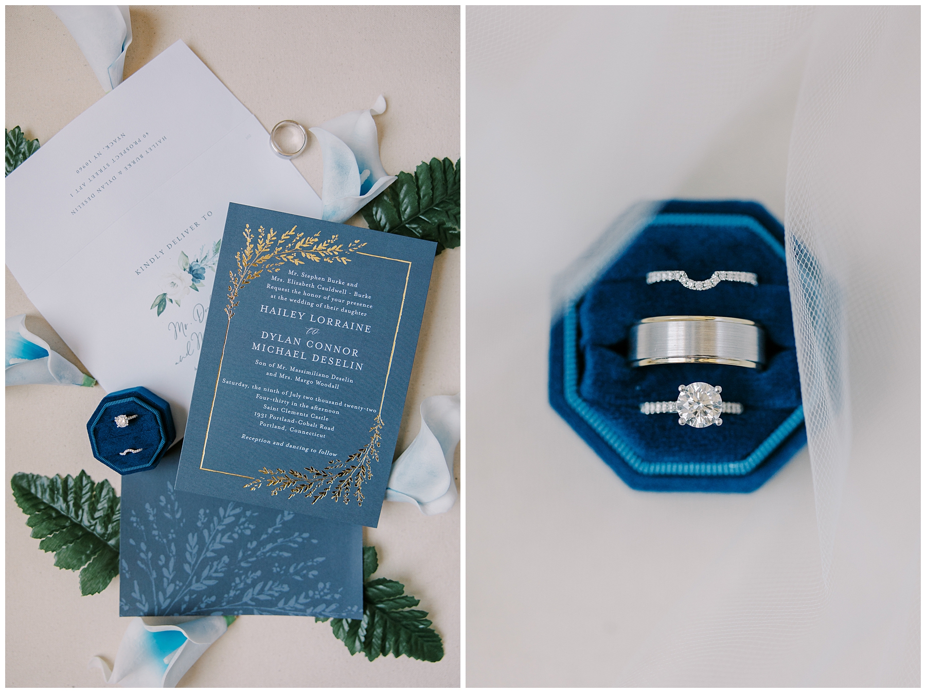 blue wedding invitations and rings from Saint Clements Castle Fairytale Wedding in Connecticut