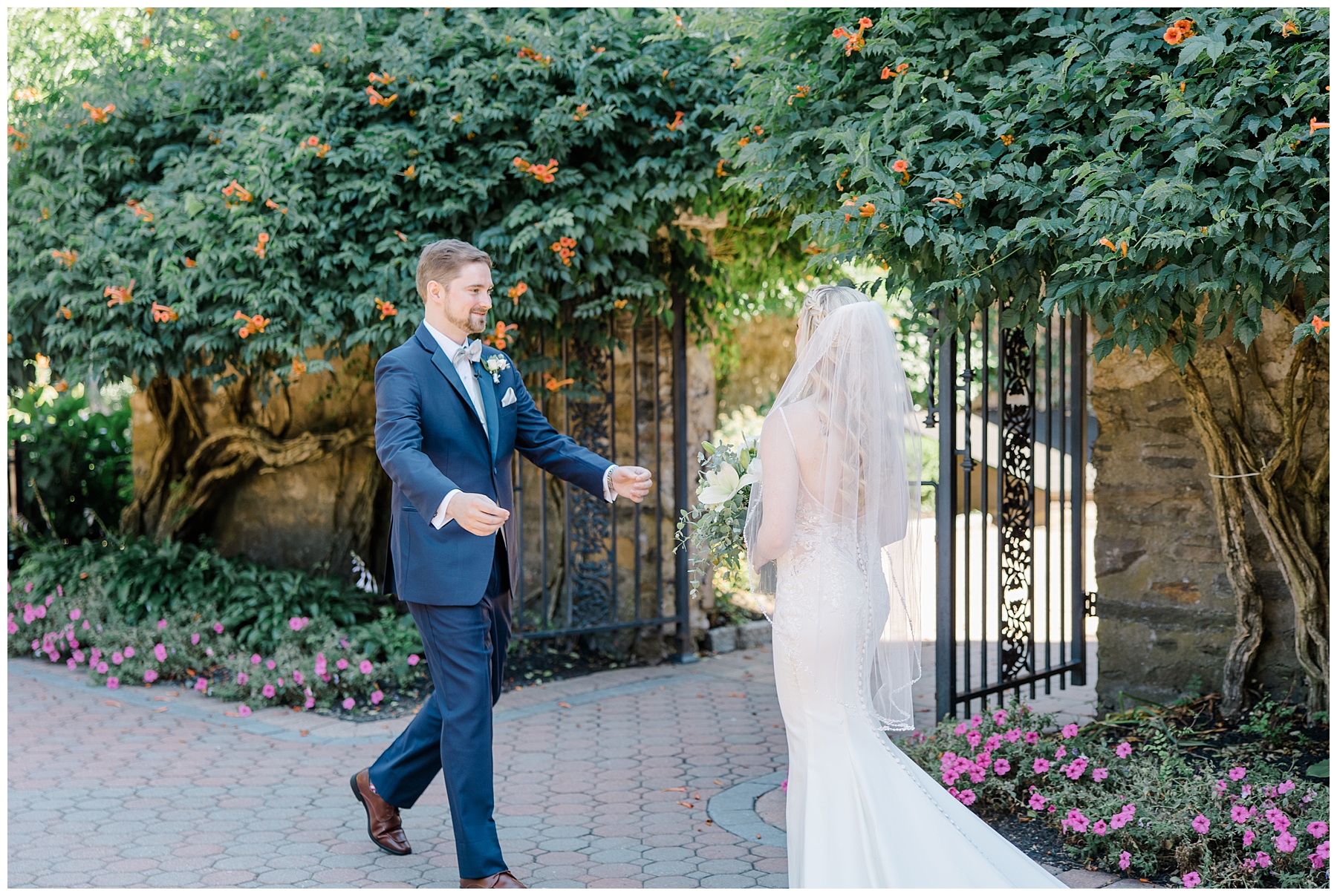 first look between bride and groom at Saint Clements Castle Fairytale Wedding in Connecticut
