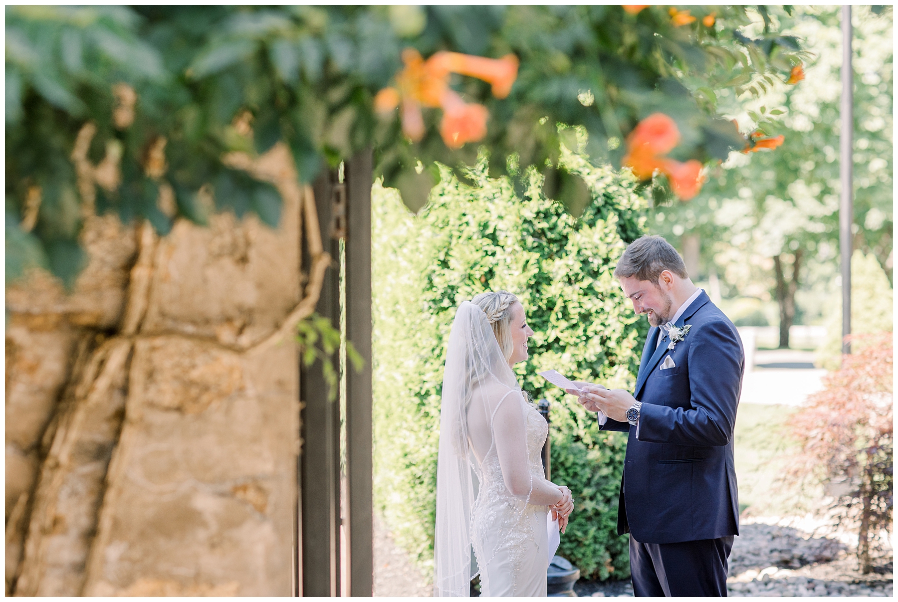 couple exchange letters before wedding ceremony at Saint Clements Castle in Connecticut