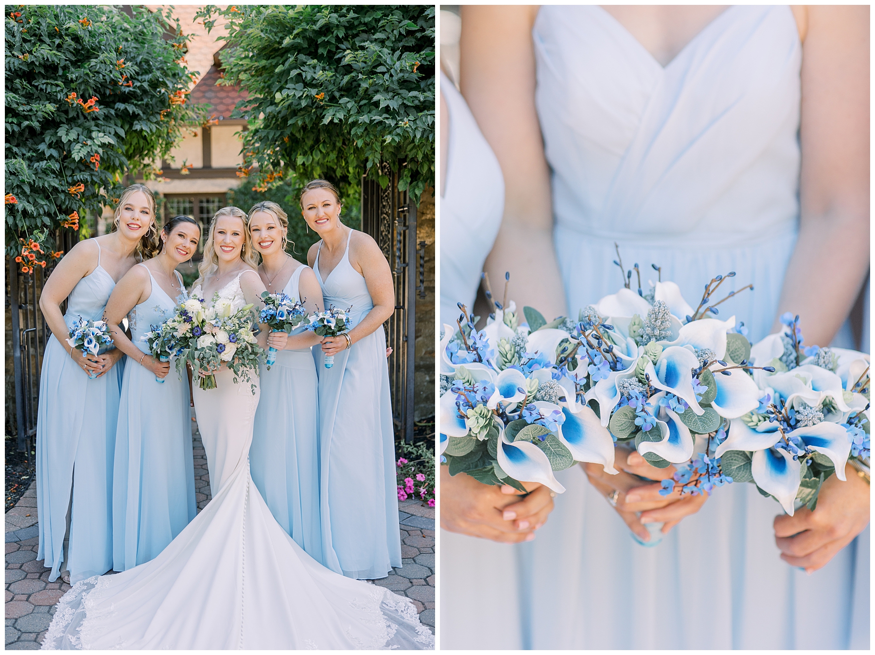 bride and bridesmaids holding blue and white wedding bouquets