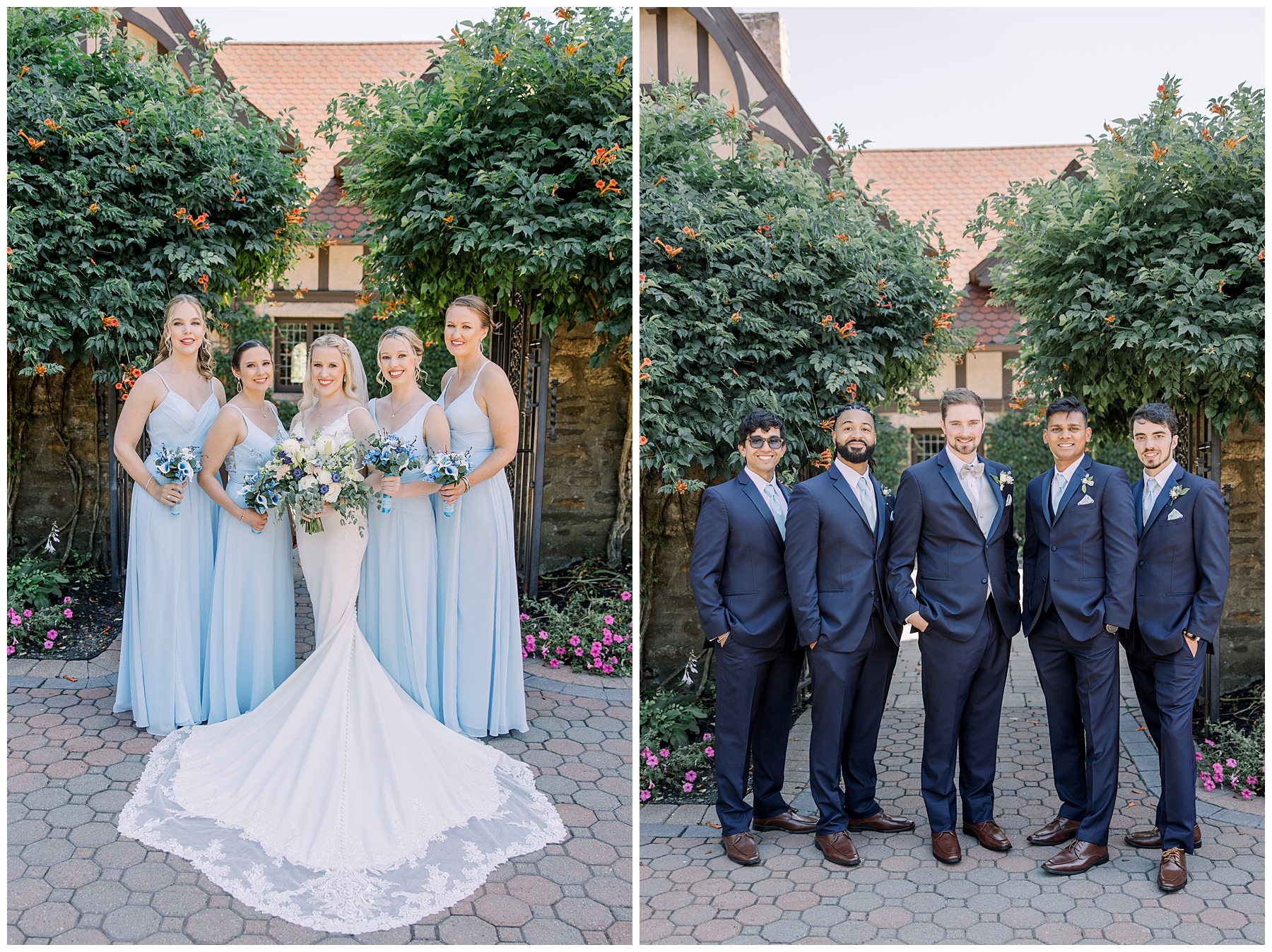 groomsmen and bridesmaids before Saint Clements Castle Fairytale Wedding in Connecticut