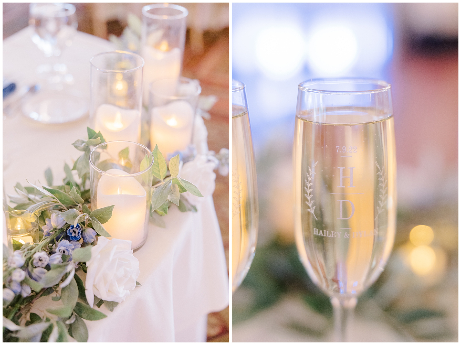 champagne glasses and candles at wedding reception