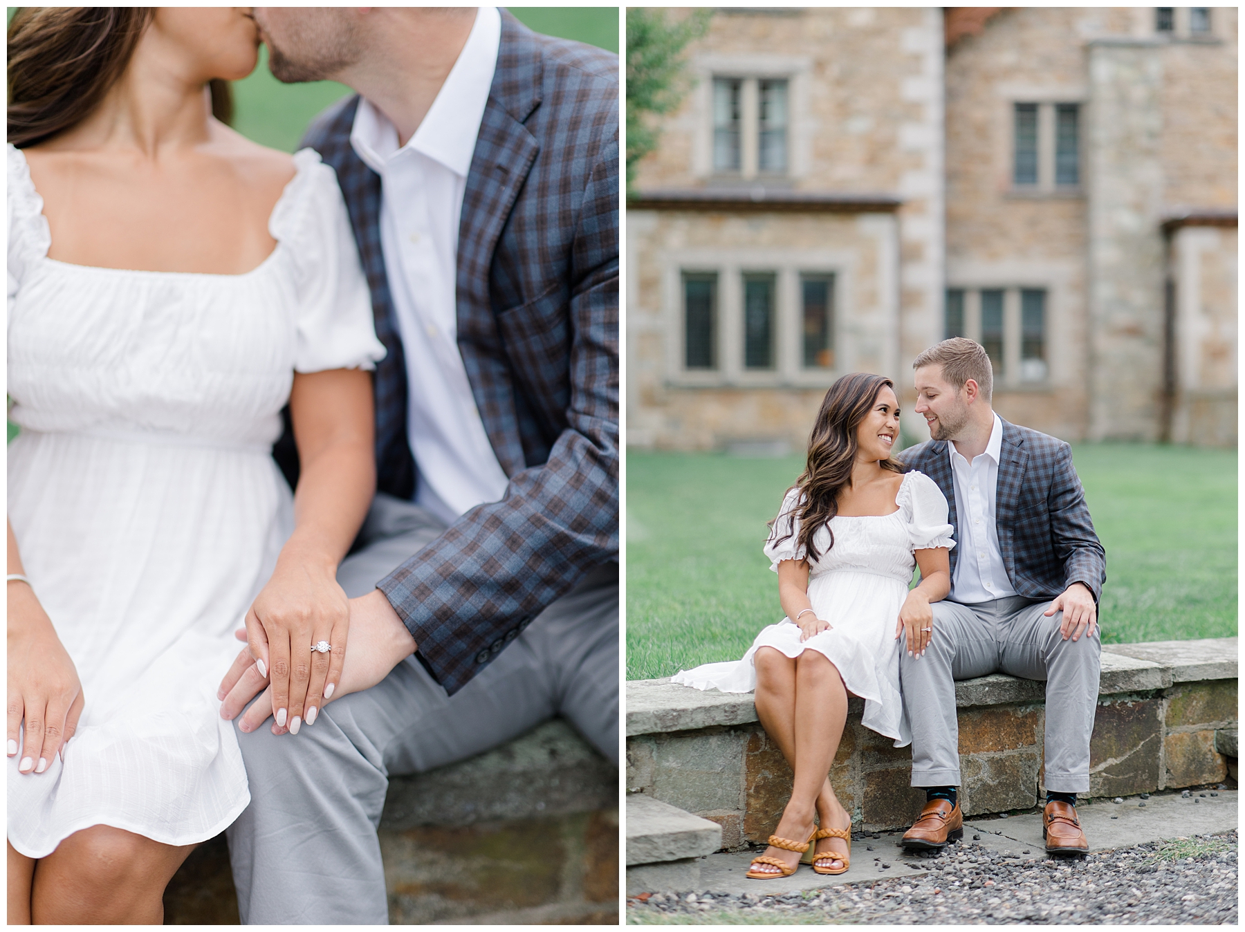 couple sit on stone bench during engagement portraits