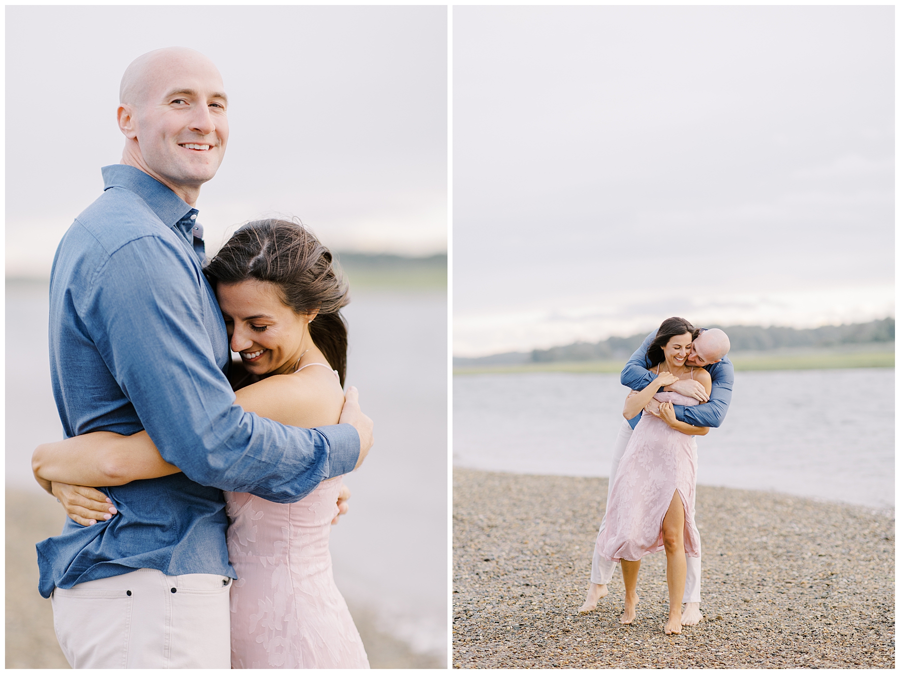 couple embrace during Marshfield MA Beach Engagement Session
