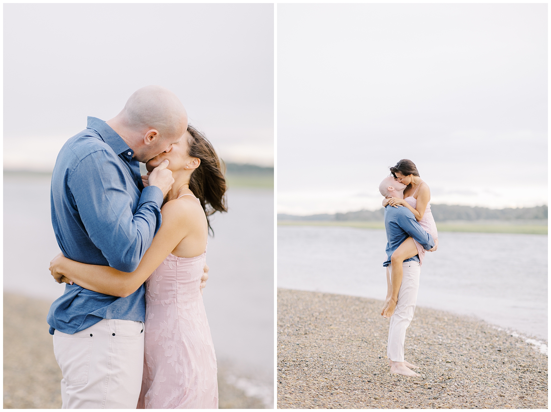 couple kiss during Marshfield MA Beach Engagement Session 