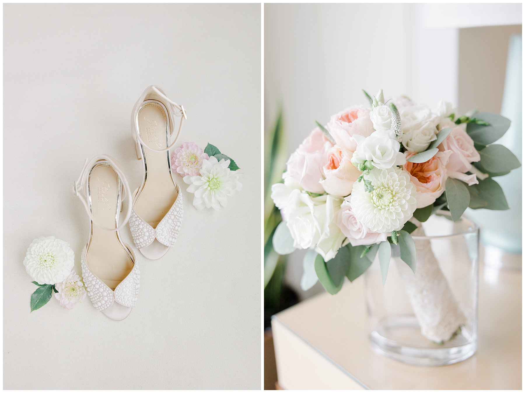 bride wedding shoes and bouquet