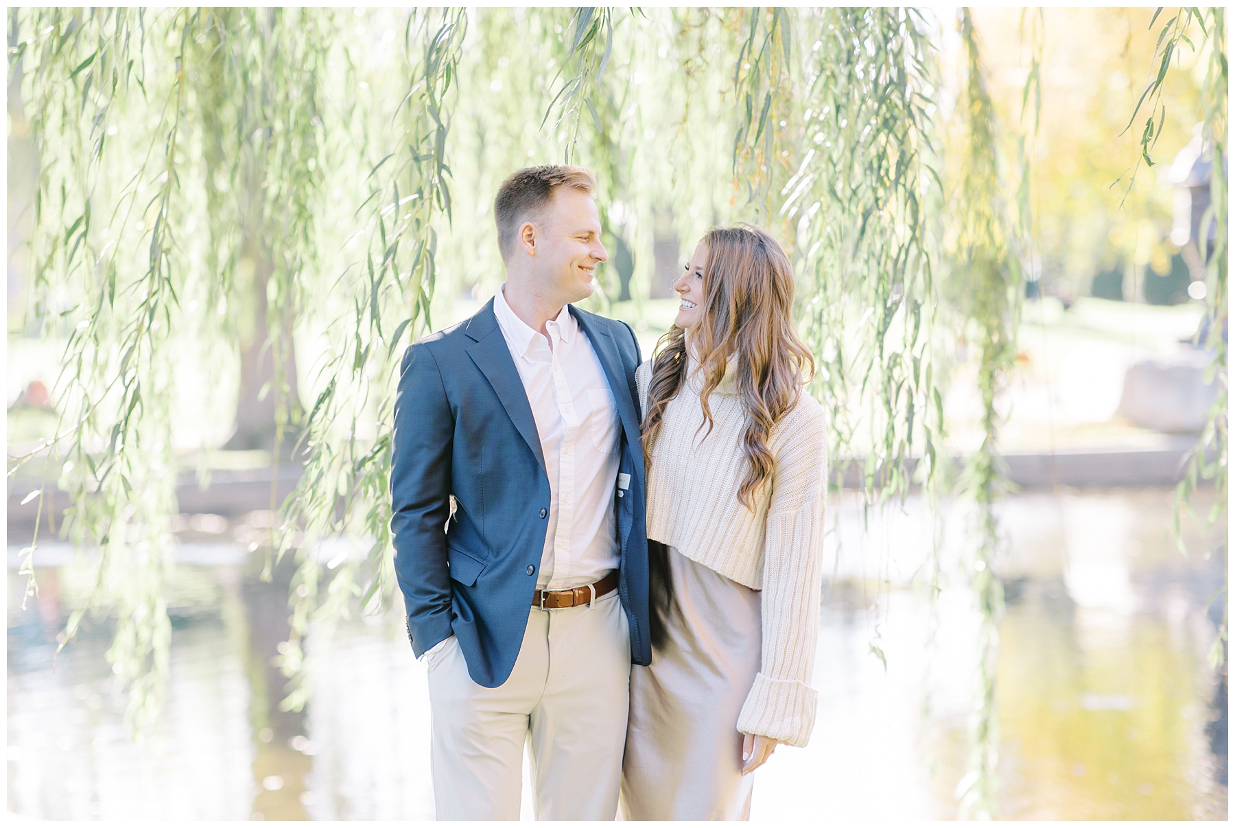 Romantic Boston Engagement under weeping willow