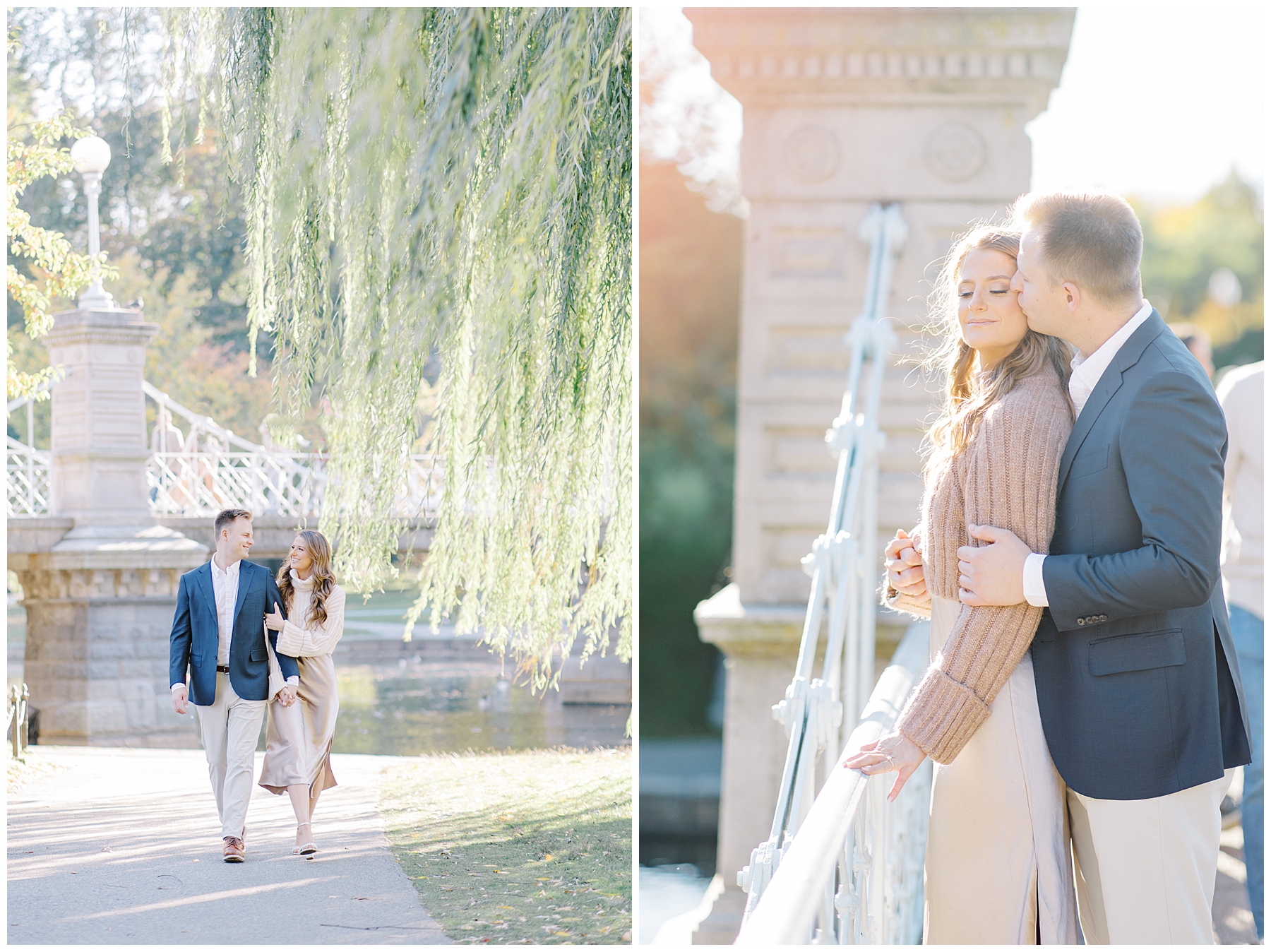 couple walk together in Boston area during engagement portraits 