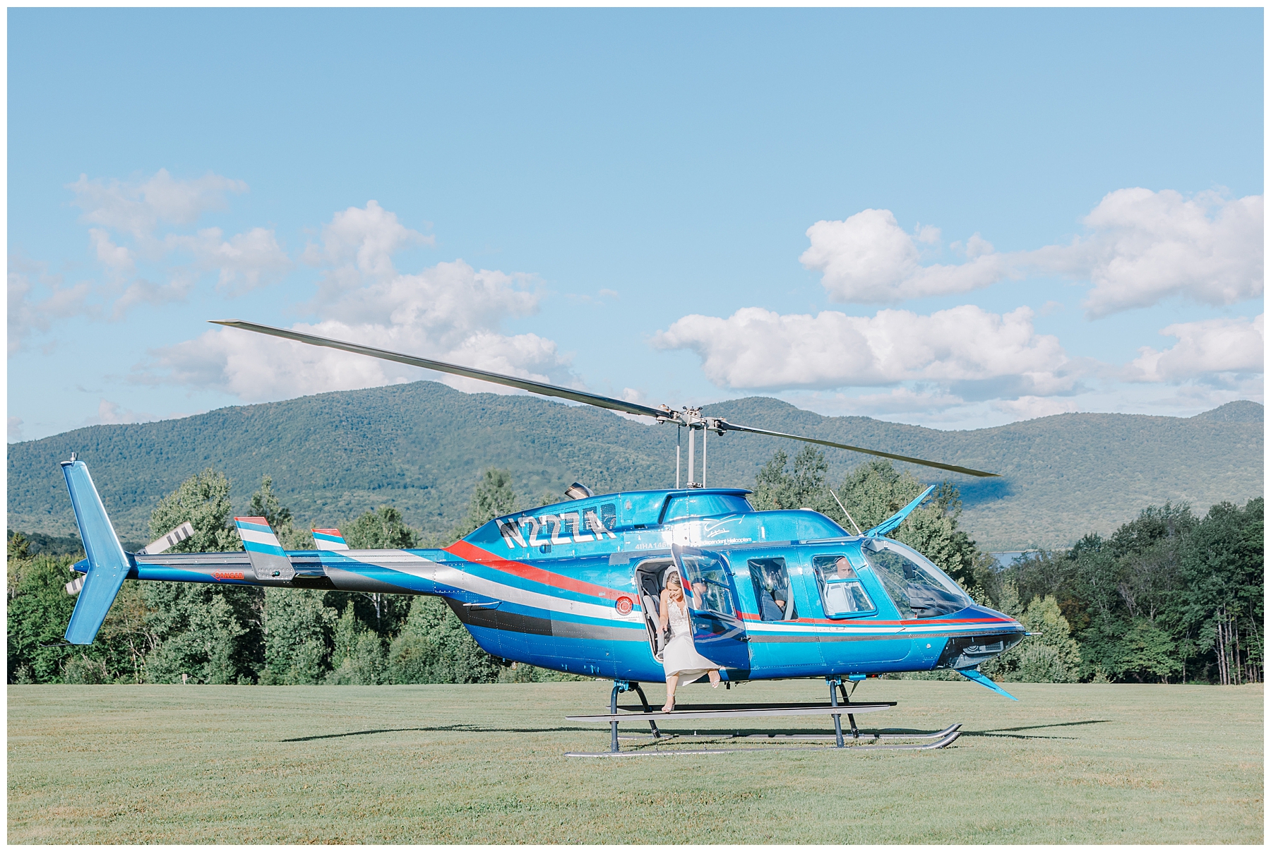 helicopter wedding exit after Dreamy Vermont Wedding at Mountain Top Inn & Resort