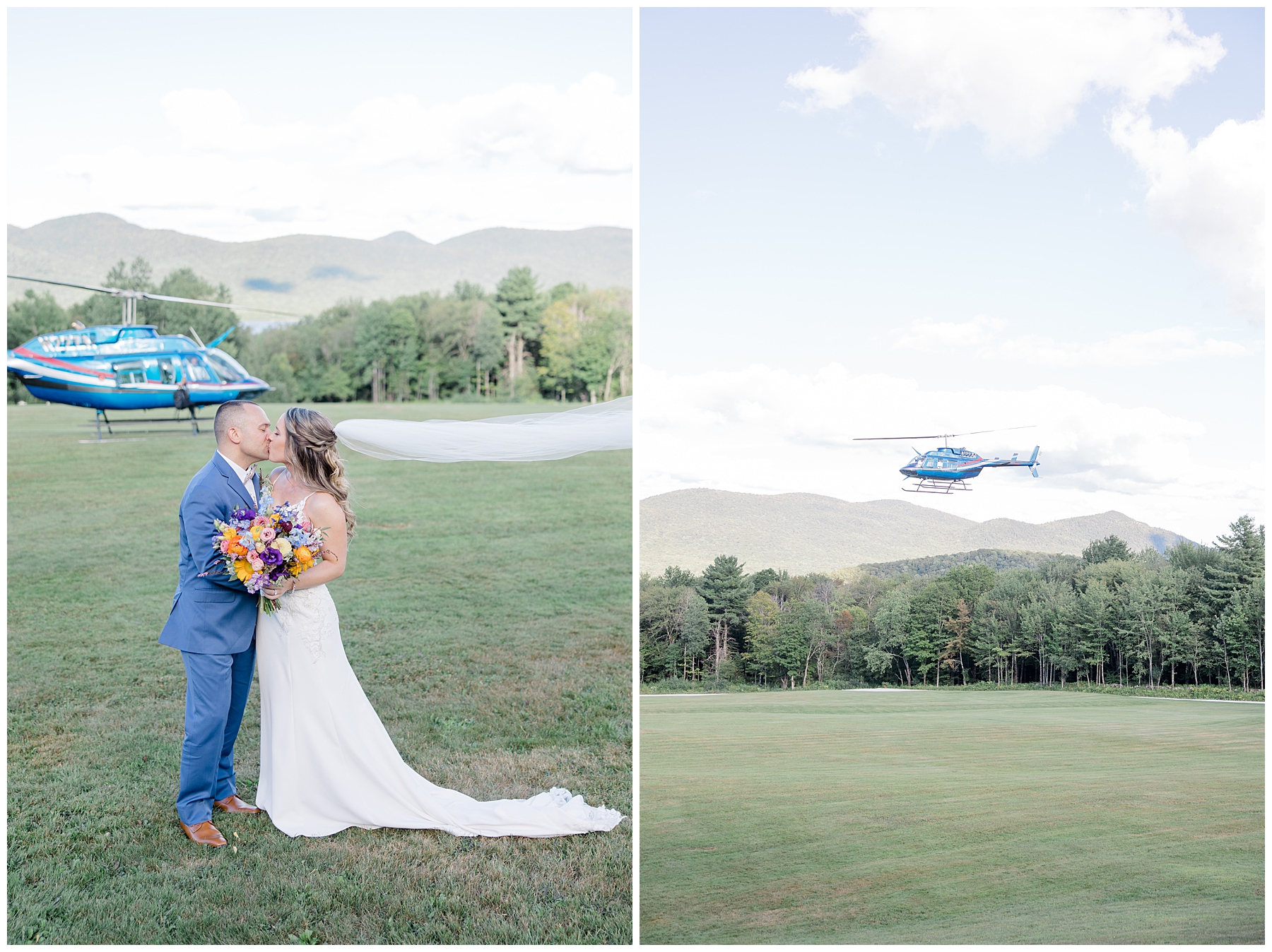 newlyweds kiss in front of helicopter 