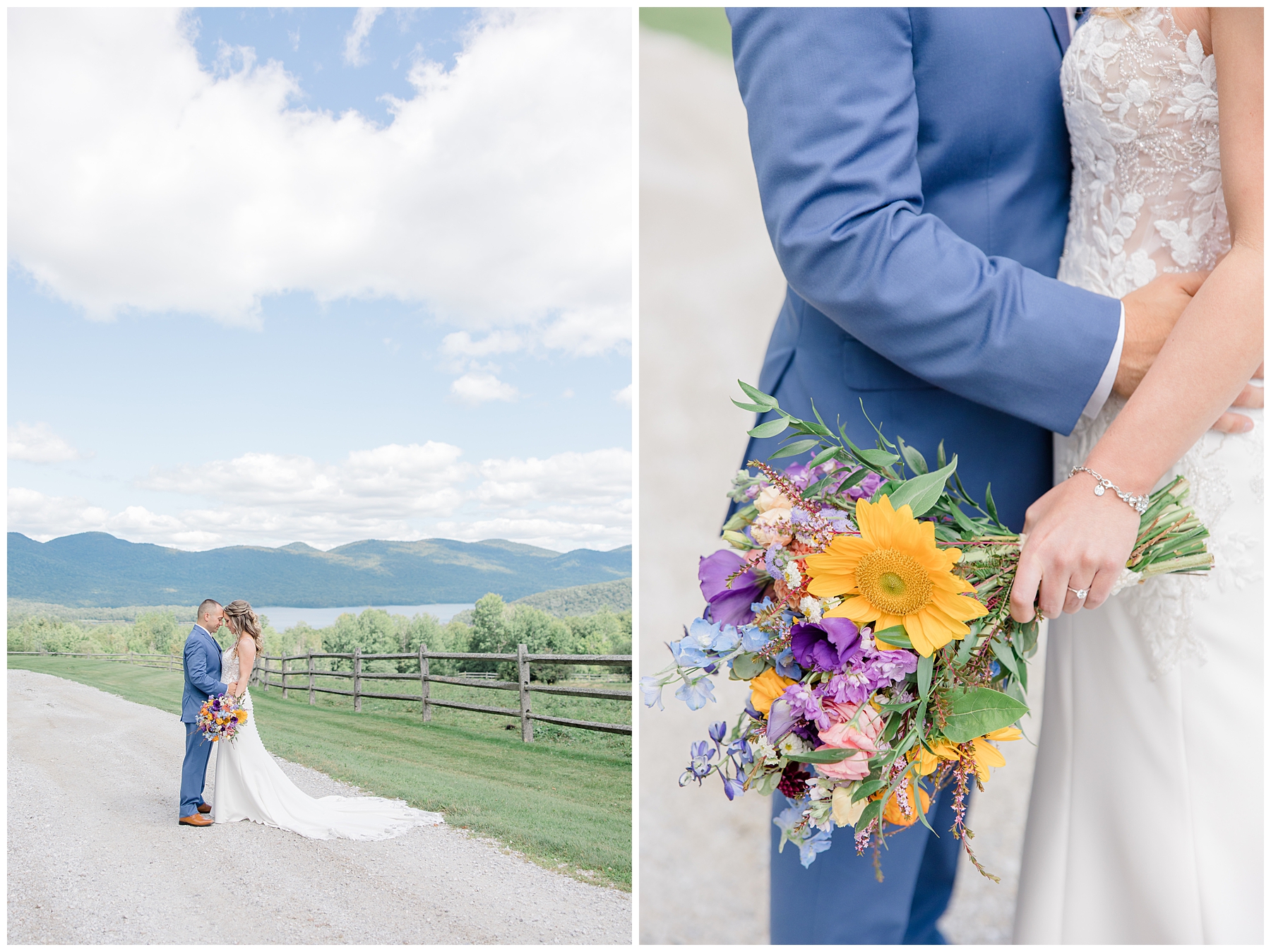 bride holding bright wildflower inspired wedding bouquet