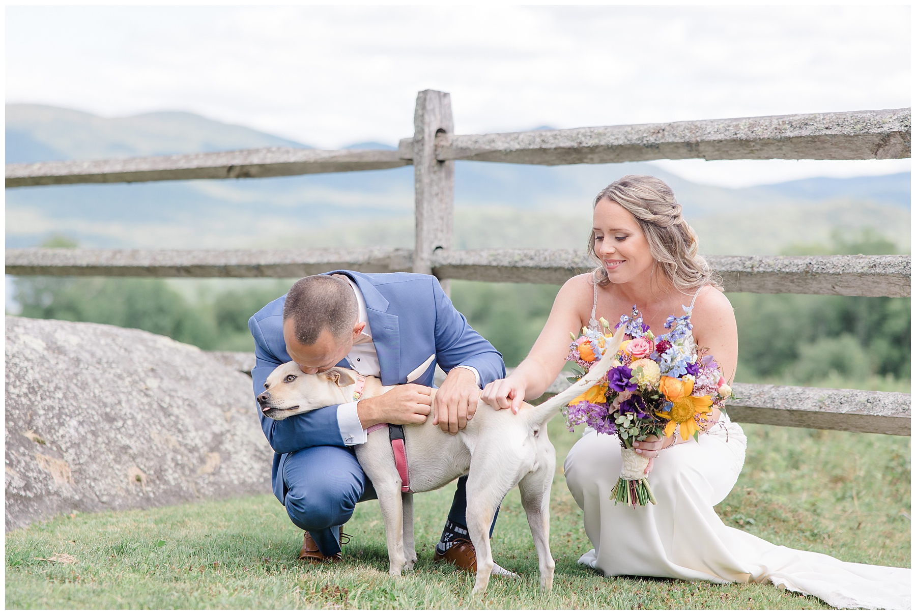 Dreamy Vermont Wedding portraits with couple's dog at Mountain Top Inn & Resort