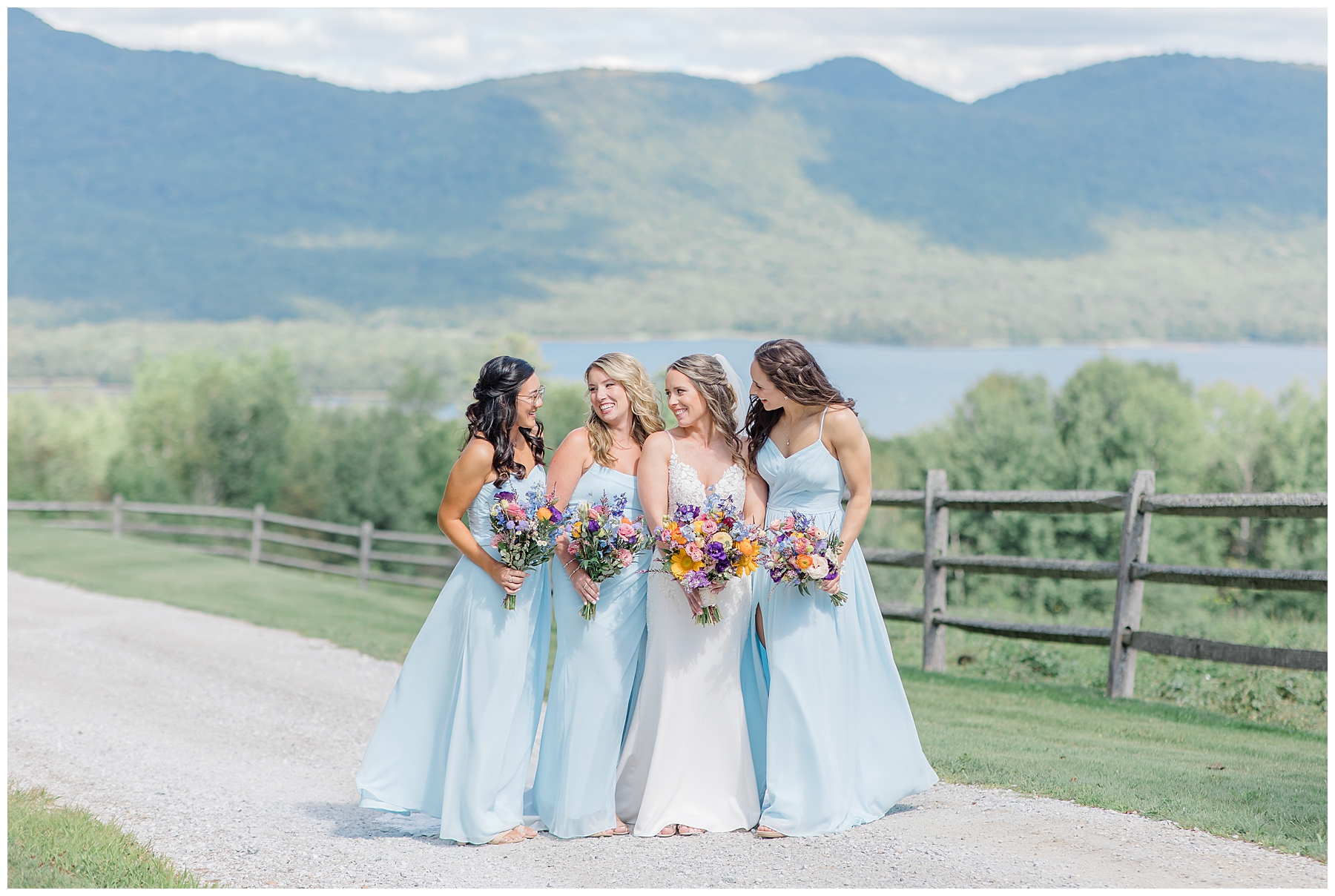bridesmaids with bride before Dreamy Vermont Wedding at Mountain Top Inn & Resort