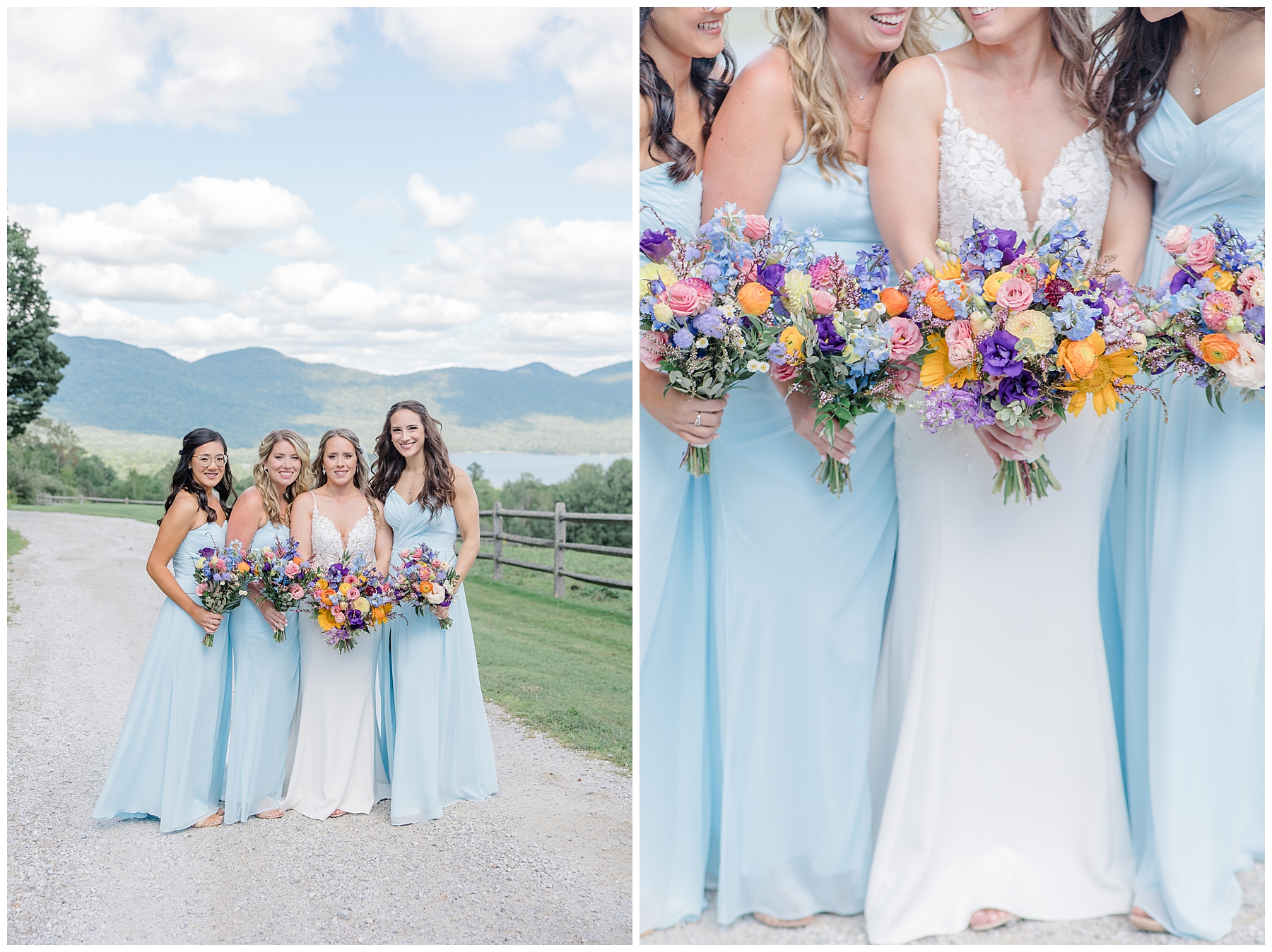 bride and bridesmaids in baby blue dresses and bright wedding bouquets